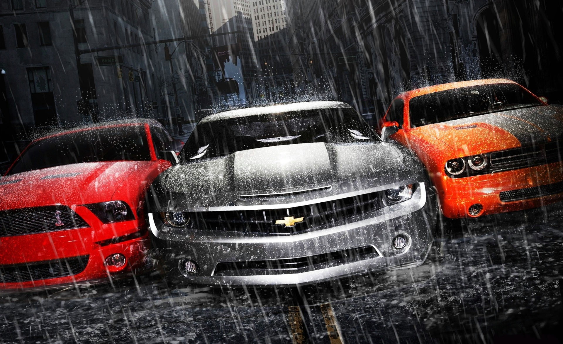 motor vehicle, travel, Muscle, splashing, day, purity, land vehicle, city, rain, red, built structure, 1080P, outdoors, Other Games, motion, wallapper, HD Wallpaper