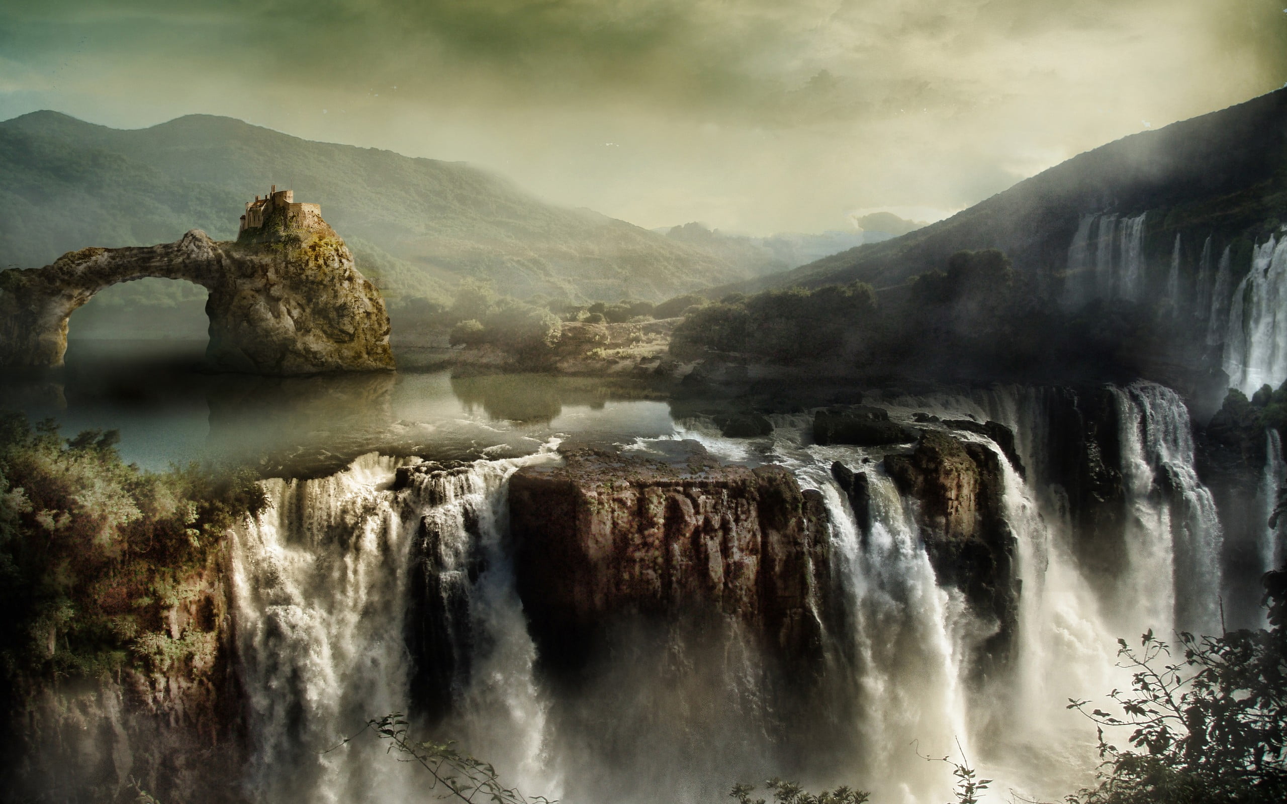flowing, landscape, waterfalls, waterfront, outdoors, non-urban scene, nature, rock - object, sky, tranquil scene, rock, tranquility, environment, flowing water, HD Wallpaper