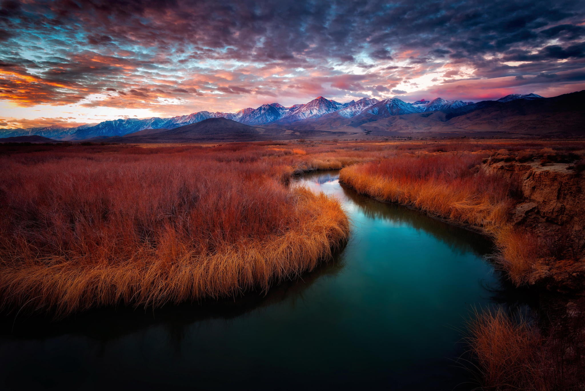 Mt. Whitney, sunrise, brown, Sierras, river, tranquility, Big Pine, scenics - nature, reflection, eastern Sierras, cloud - sky, environment, lake, mountain, HD Wallpaper