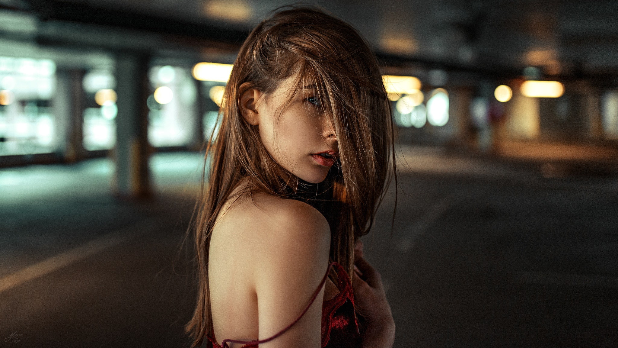 1080P, depth of field, brown hair, hair in face, looking at viewer, lipstick, photographer, face, bokeh, long hair, model, photo, Yuri G See Also:, portrait, HD Wallpaper