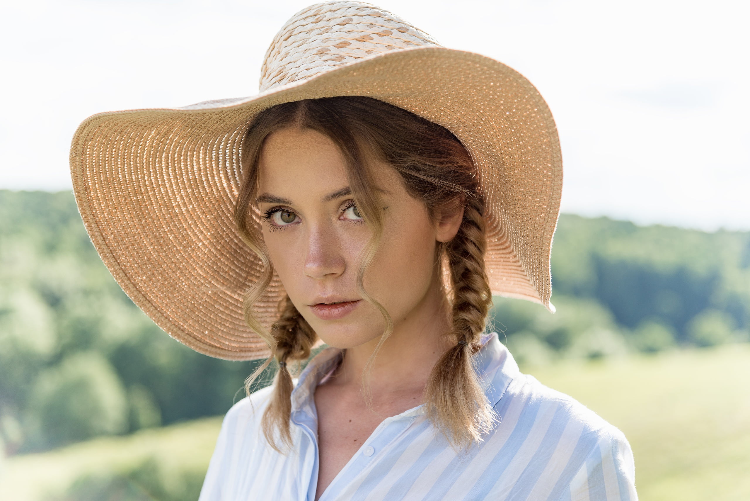 Ksenia Kokoreva, model, photo, portrait, face, 2K, depth of field, long hair, shirt, photographer, girl, green eyes, straw hat, looking at camera, Yuri G See Also:, HD Wallpaper