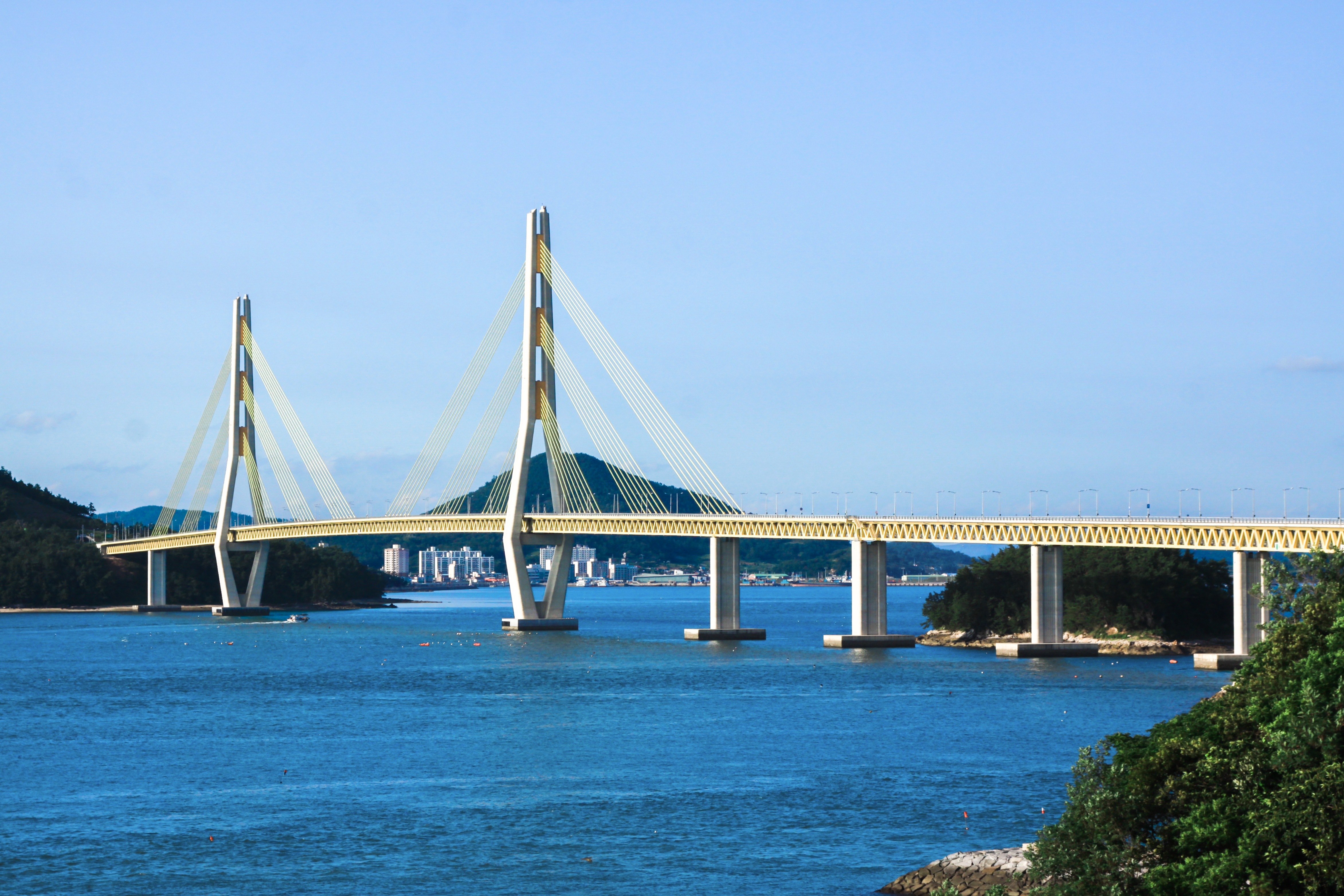 south coast, korea, traffic, connection, and boo, day, clear sky, transportation, famous Place, engineering, landscape, also hanryeosu, sea, island, 4K, HD Wallpaper
