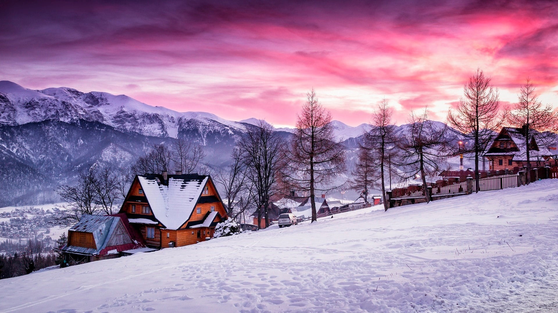 snowing, cold temperature, building exterior, 1080P, poland, house, tree, winter, nature, mountain, pink sky, plant, mountain village, built structure, HD Wallpaper
