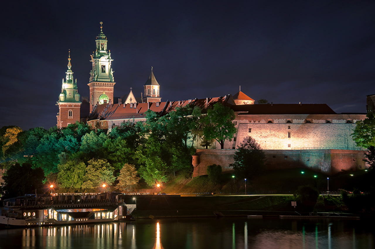 illuminated, reflection, night, building exterior, plant, place of worship, city, Vistula, Poland, travel destinations, nature, sky, building, bridge - man made structure, HD Wallpaper