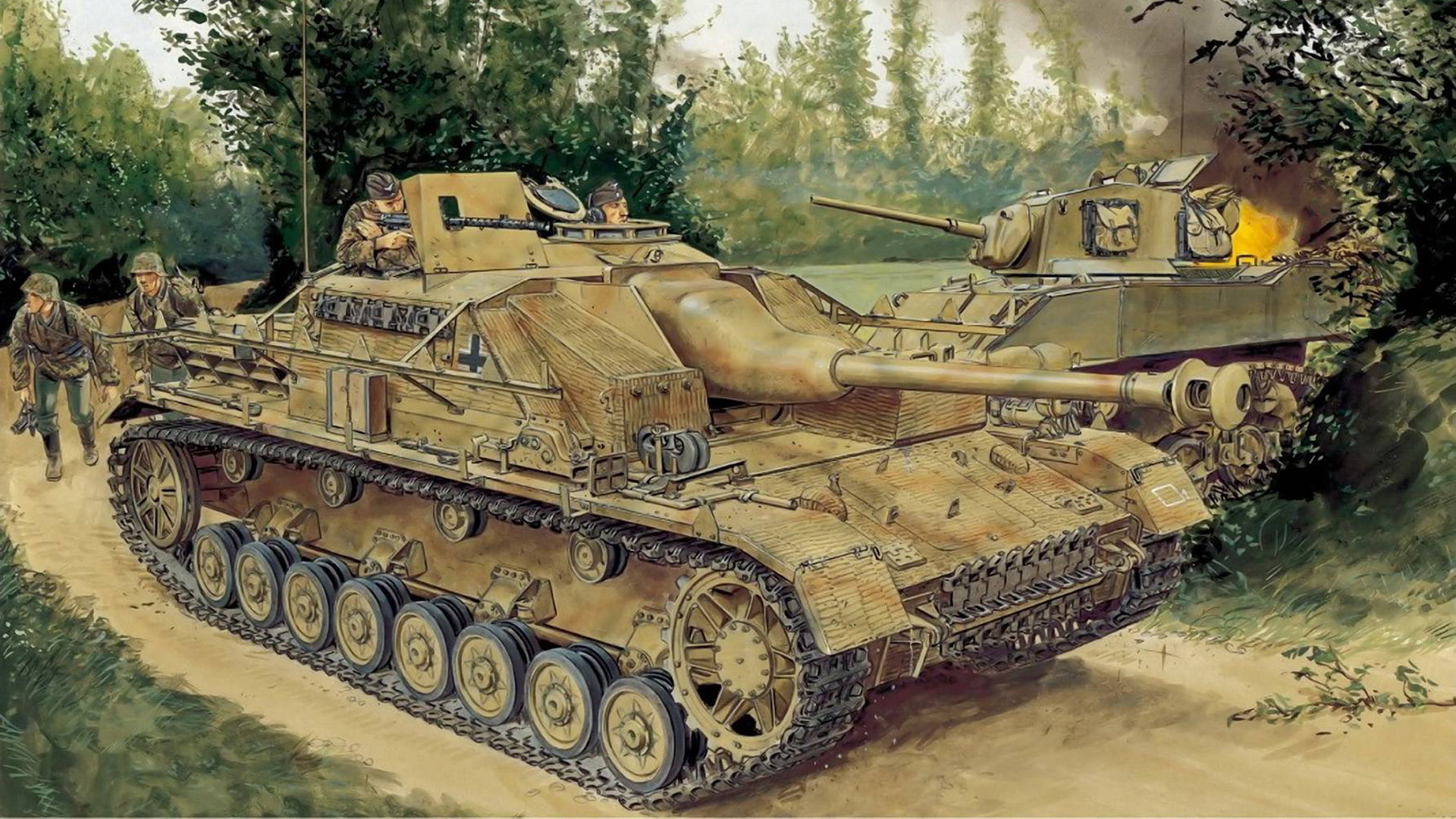 brown, sunlight, armored tank, outdoors, Sturmgeschütz IV, 1080P, tree, history, tanks, mode of transportation, no people, plant, nature, the past, military, HD Wallpaper