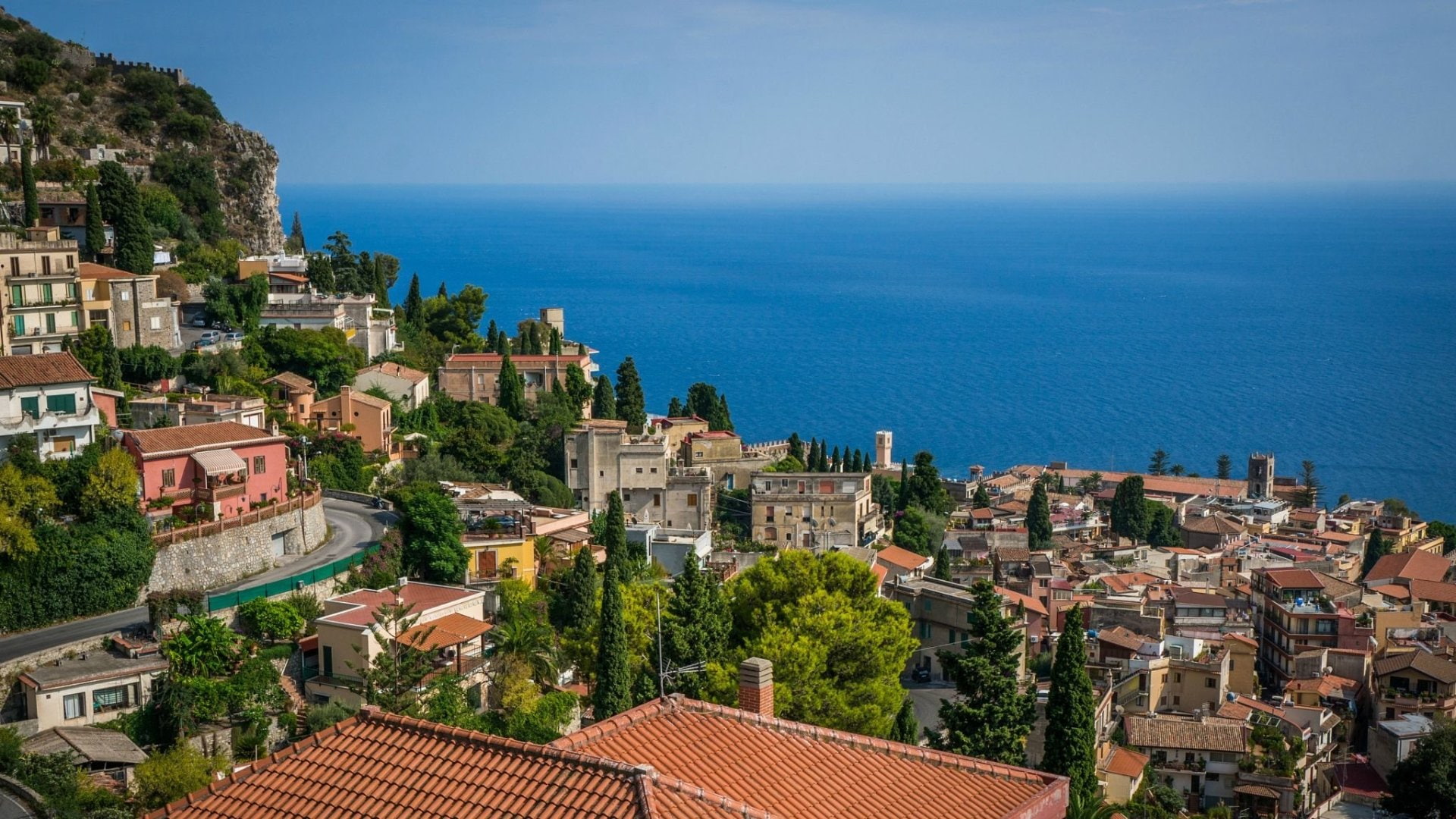 House, 1080P, Coast, Man Made, Village, Taormina, Italy, Horizon, Ocean, HD Wallpaper