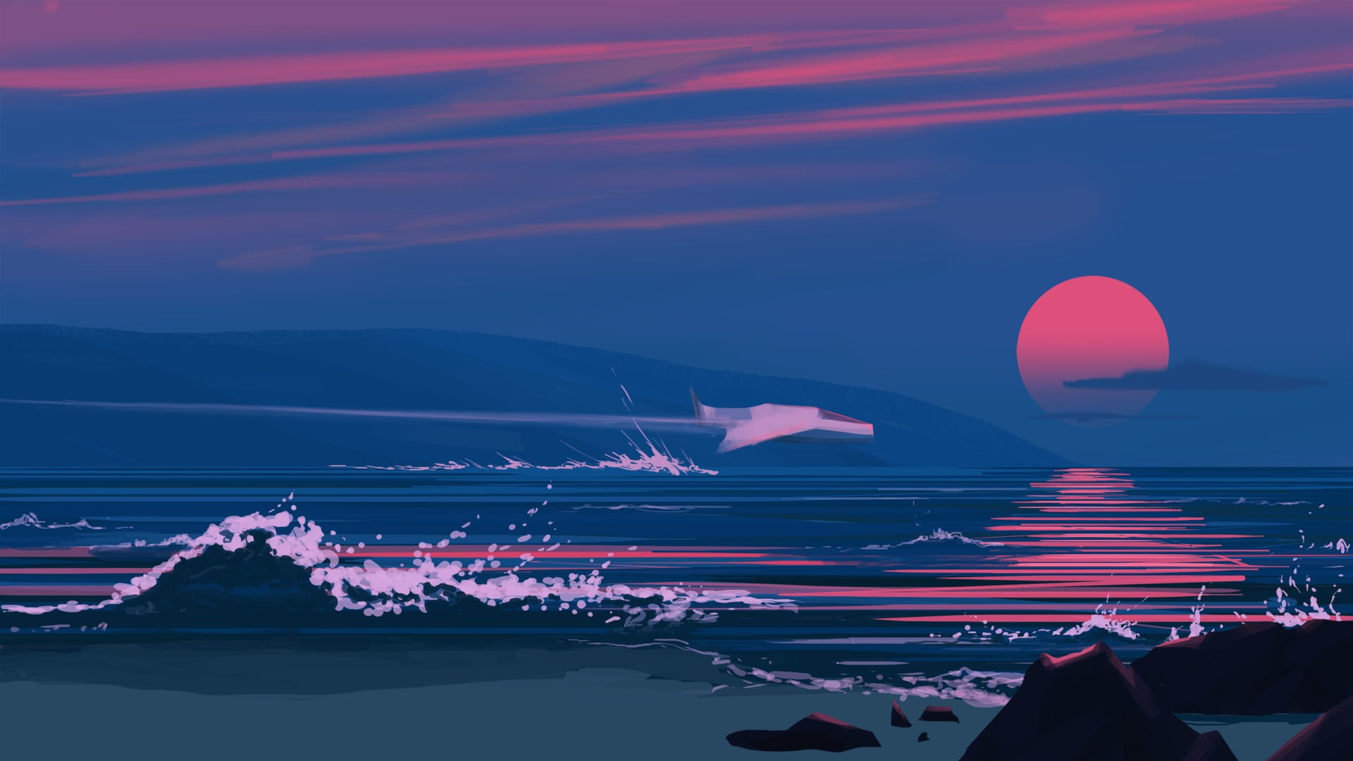 sunset, people, waves, women, illustration, 1080P, real people, leisure activity, night, water, sky, unrecognizable person, pink color, travel destinations, HD Wallpaper