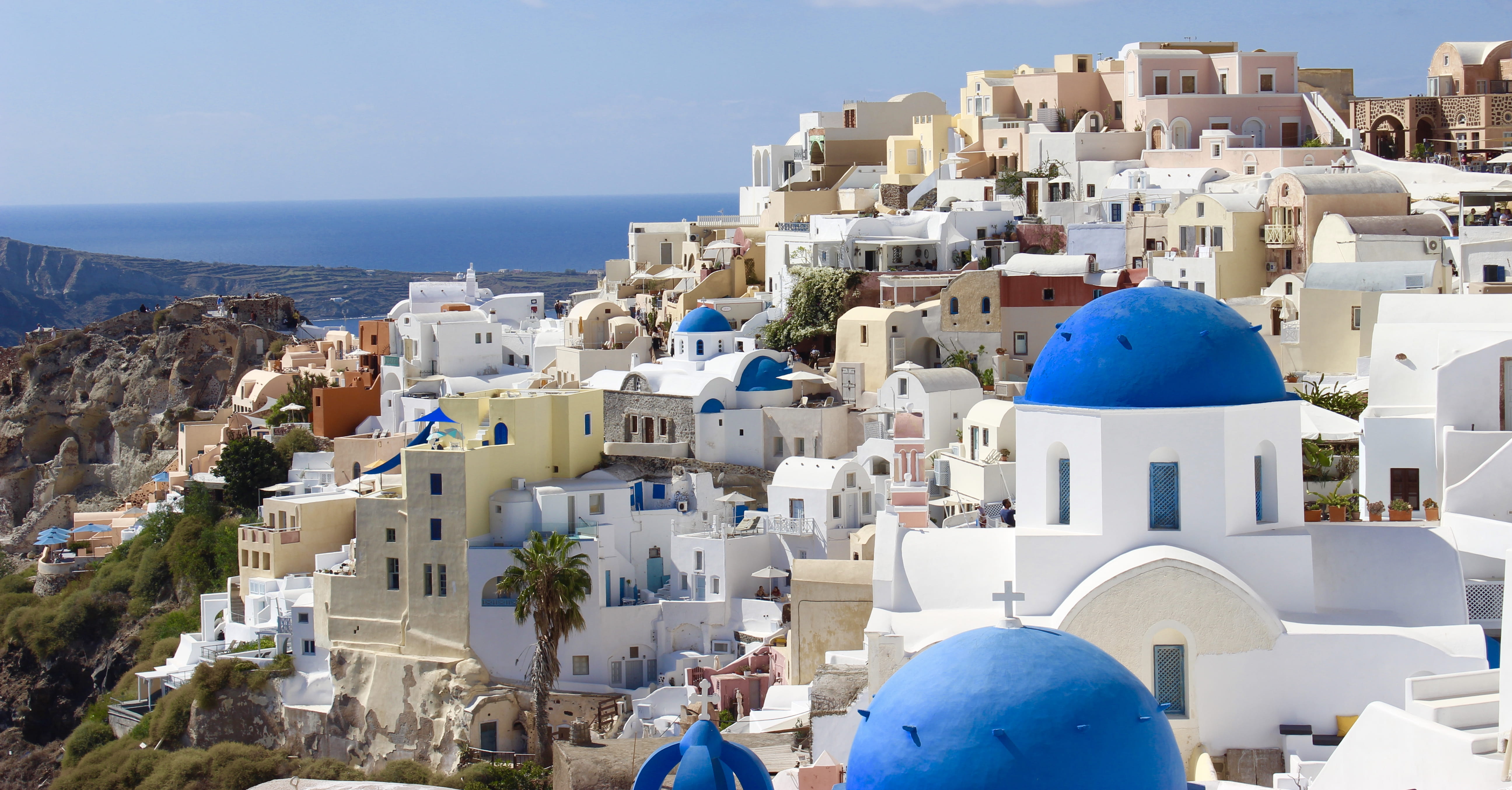 religion, santorini, building exterior, water, sea, residential district, 5K, sky, city, belief, architecture, built structure, building, dome, townscape, HD Wallpaper