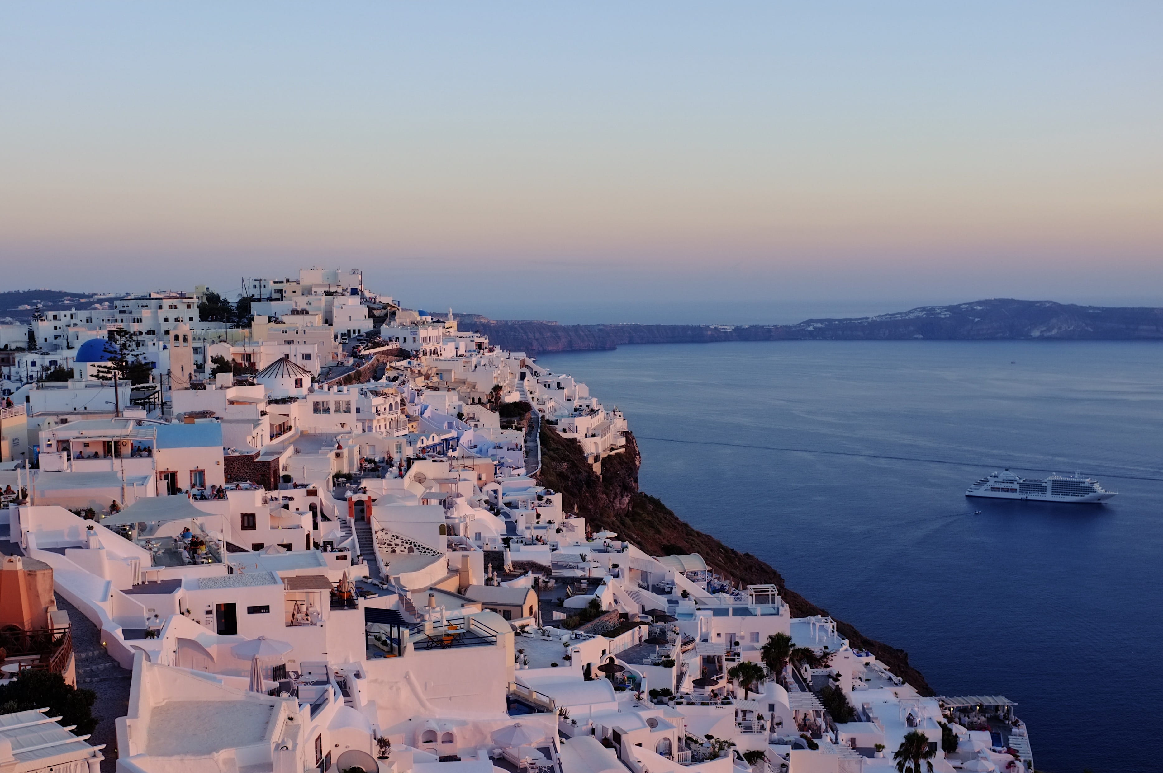 santorini, island, city, built structure, mode of transportation, outdoors, transportation, architecture, high angle view, town, nautical vessel, water, HD Wallpaper