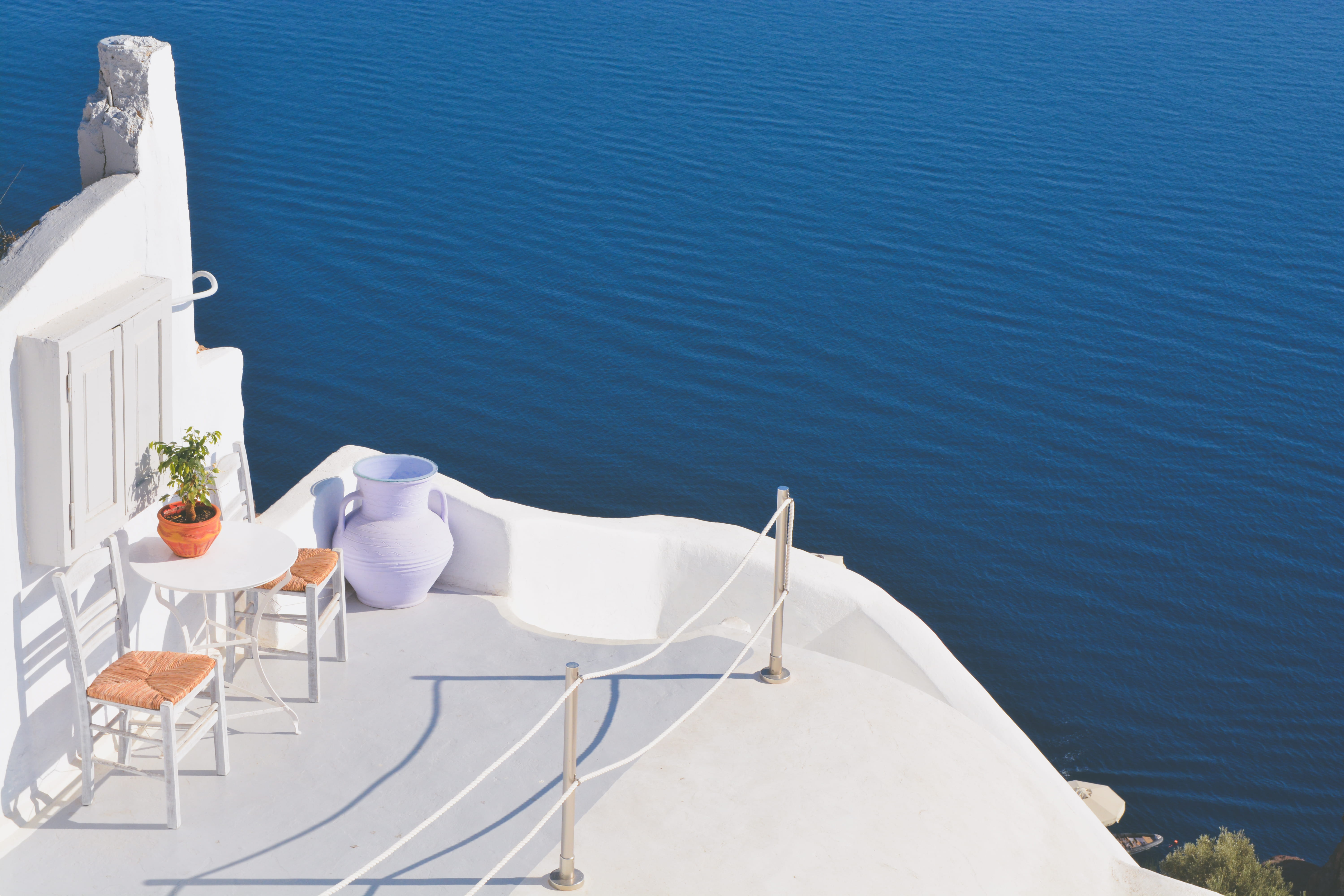 hideaway, holiday, fira, nature, romantic, water, sea, peaceful, nautical vessel, place setting, ocean, seat, table, high angle view, no people, quiet, HD Wallpaper