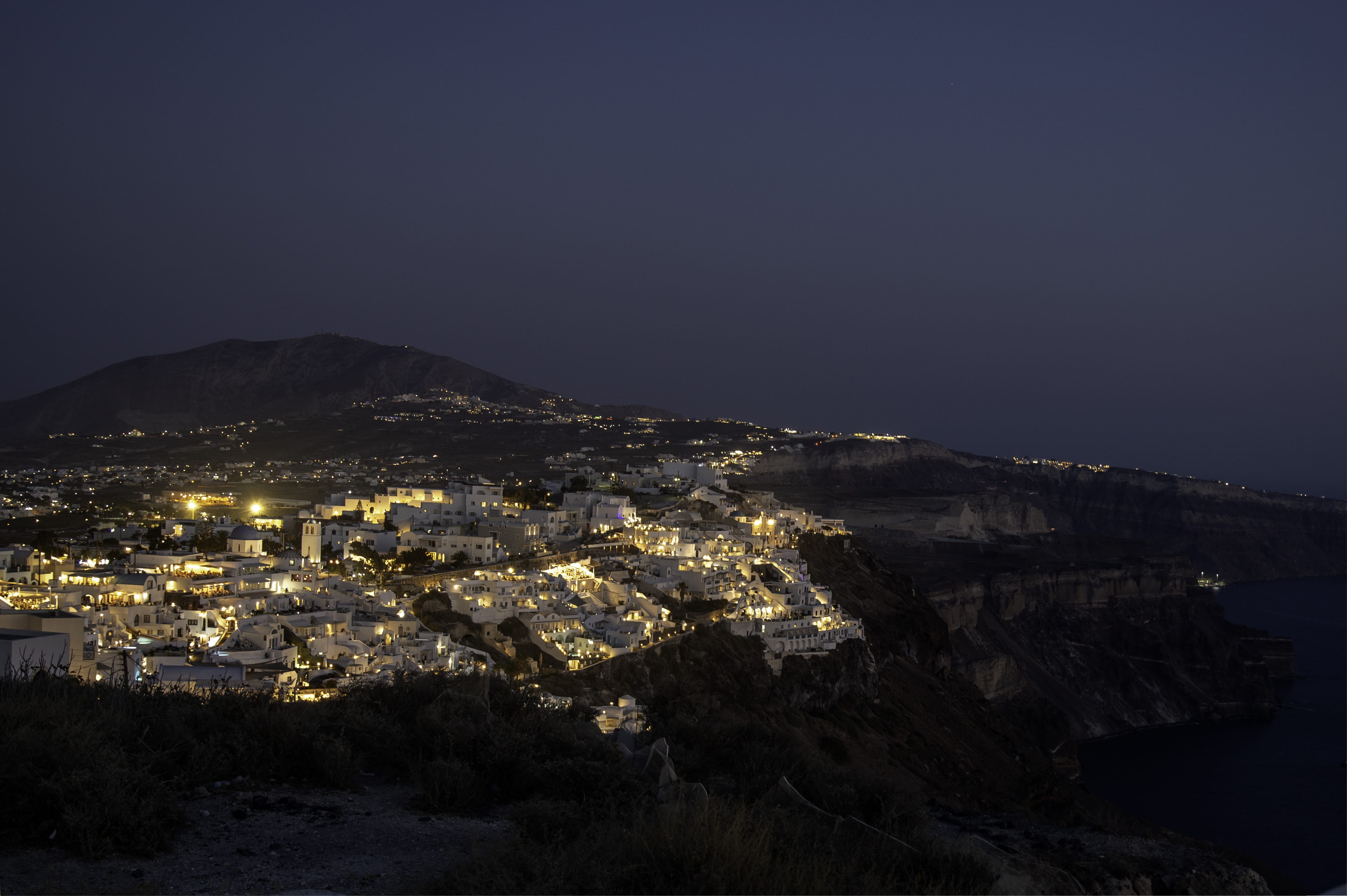 clear sky, outdoors, residential district, landscape, dusk, photography, fira, nature, townscape, architecture, land, illuminated, greece, santorini, nighttime, HD Wallpaper