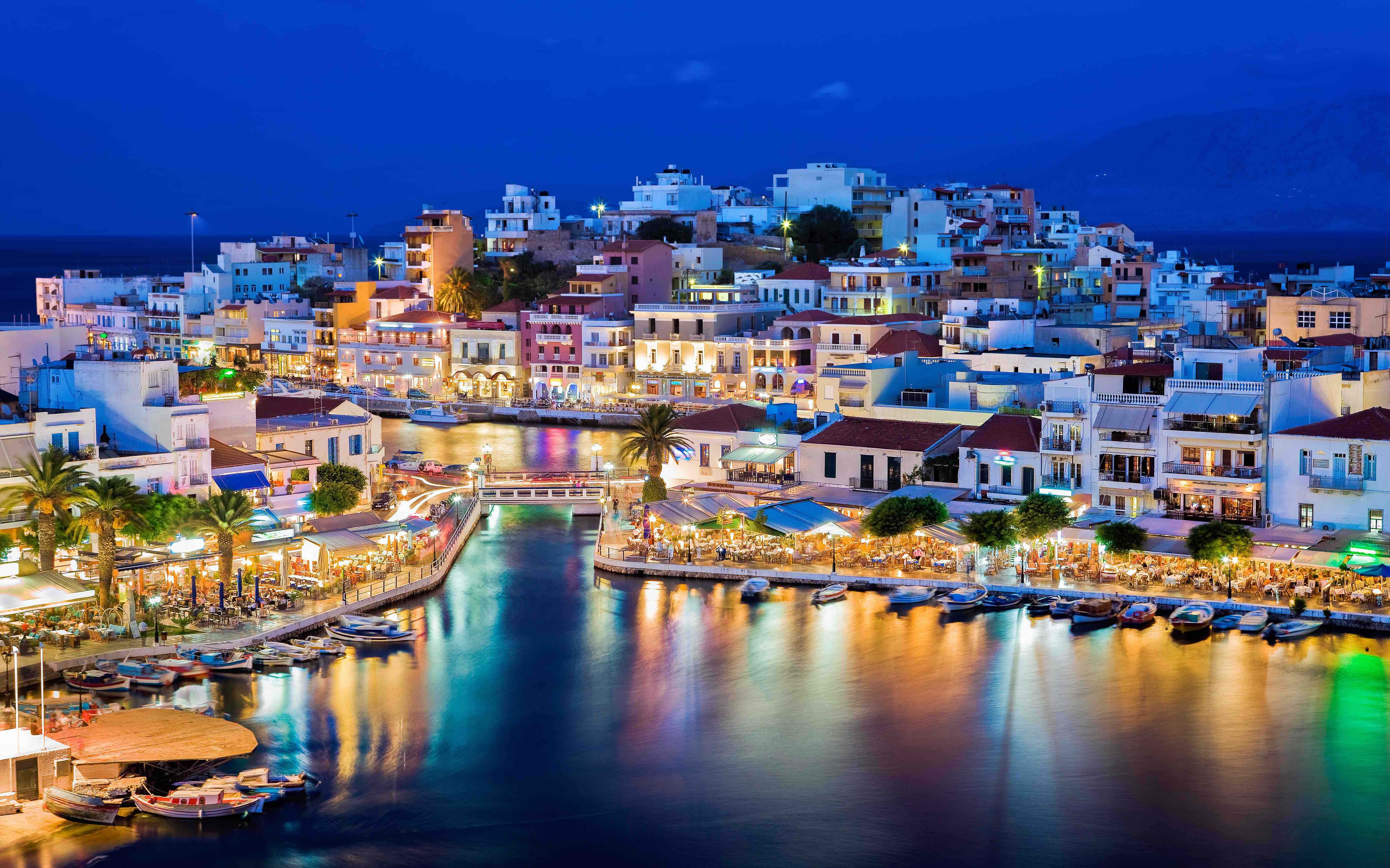 no people, illuminated, crete, building exterior, city, night, agios, blue, architecture, nikolaos, cityscape, town, sky, k, harbor, island, HD Wallpaper