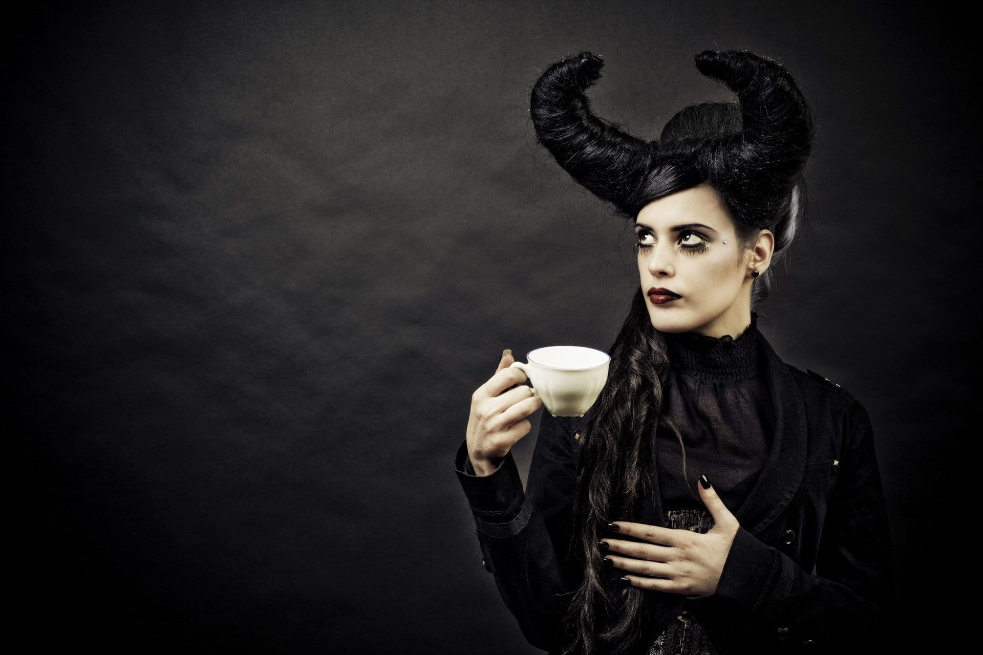 model, one person, adult, black color, women, food and drink, fashion, black background, hairstyle, beautiful woman, drinking, looking at camera, Gothic, HD Wallpaper
