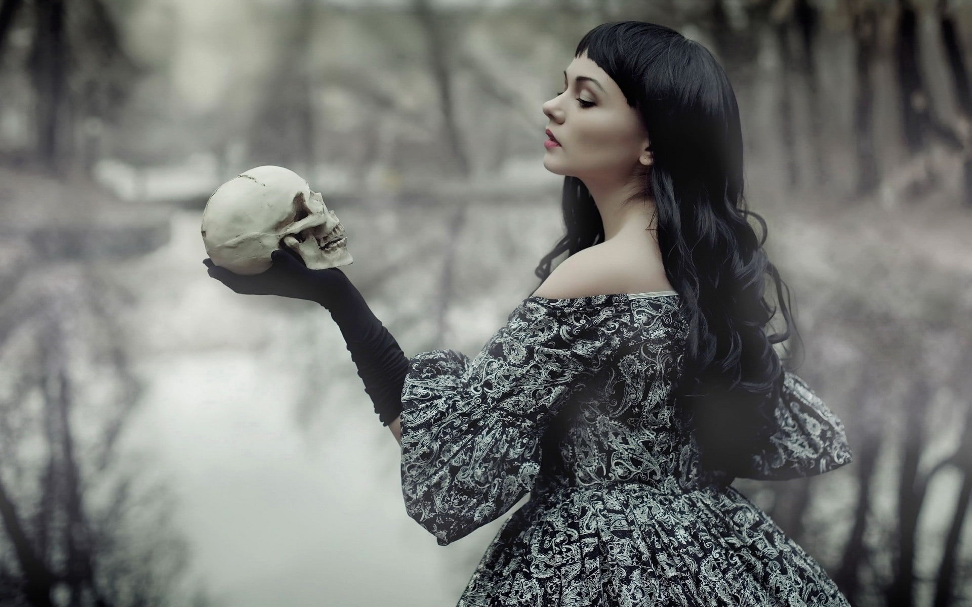 women, 1080P, Gothic, skull, HD Wallpaper