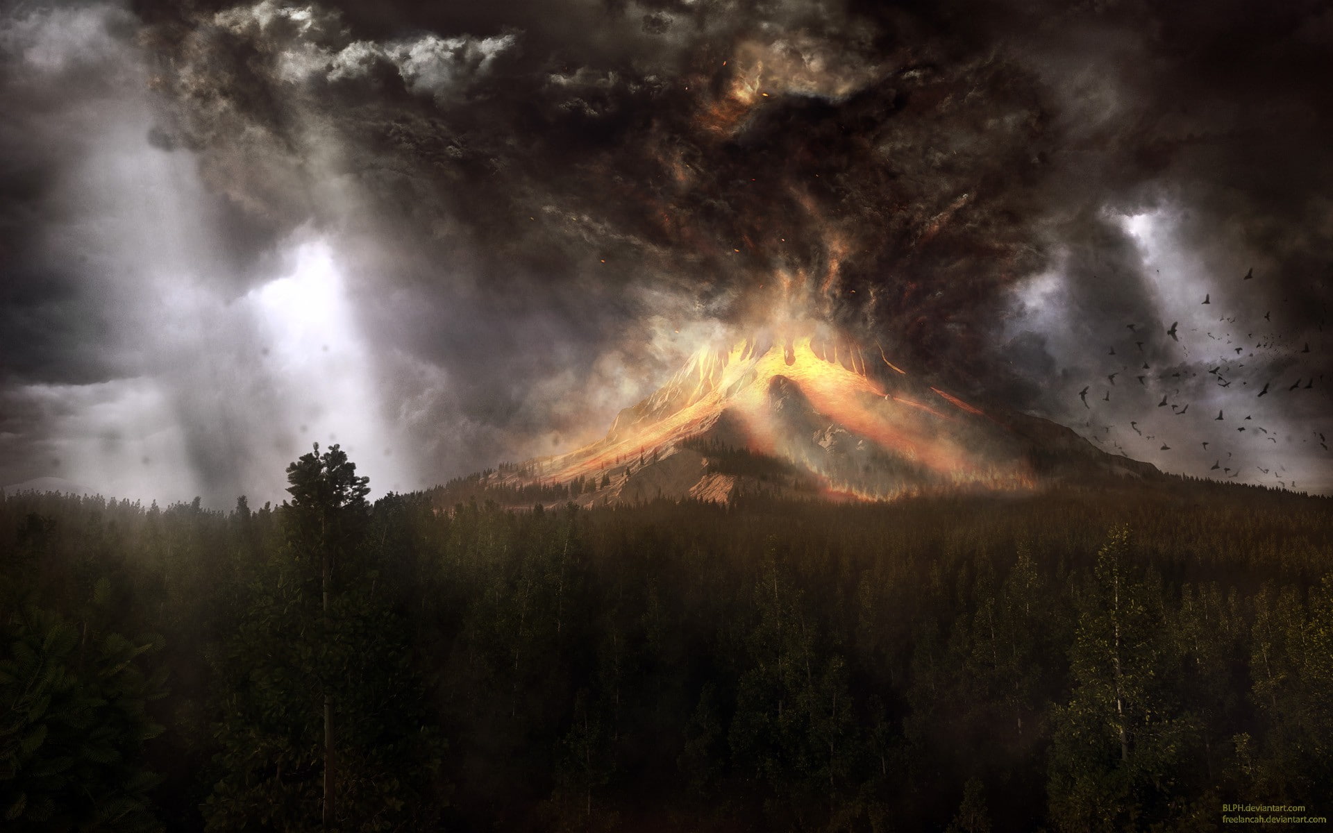 volcano, mountain, sunlight, nature, 1080P, no people, digital art, tranquility, land, outdoors, plant, trees, scenics - nature, smoke - physical structure, HD Wallpaper