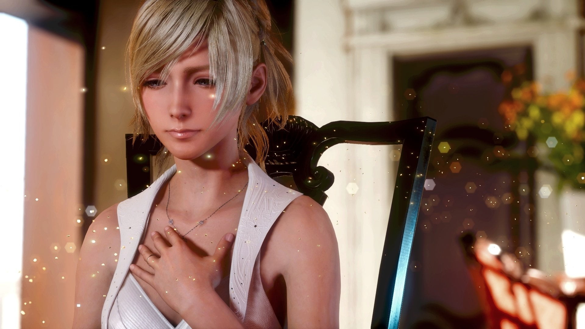 beauty, Final Fantasy XV, hairstyle, front view, indoors, Lunafreya Nox Fleuret, holding, beautiful woman, young women, Final Fantasy, waist up, women, HD Wallpaper