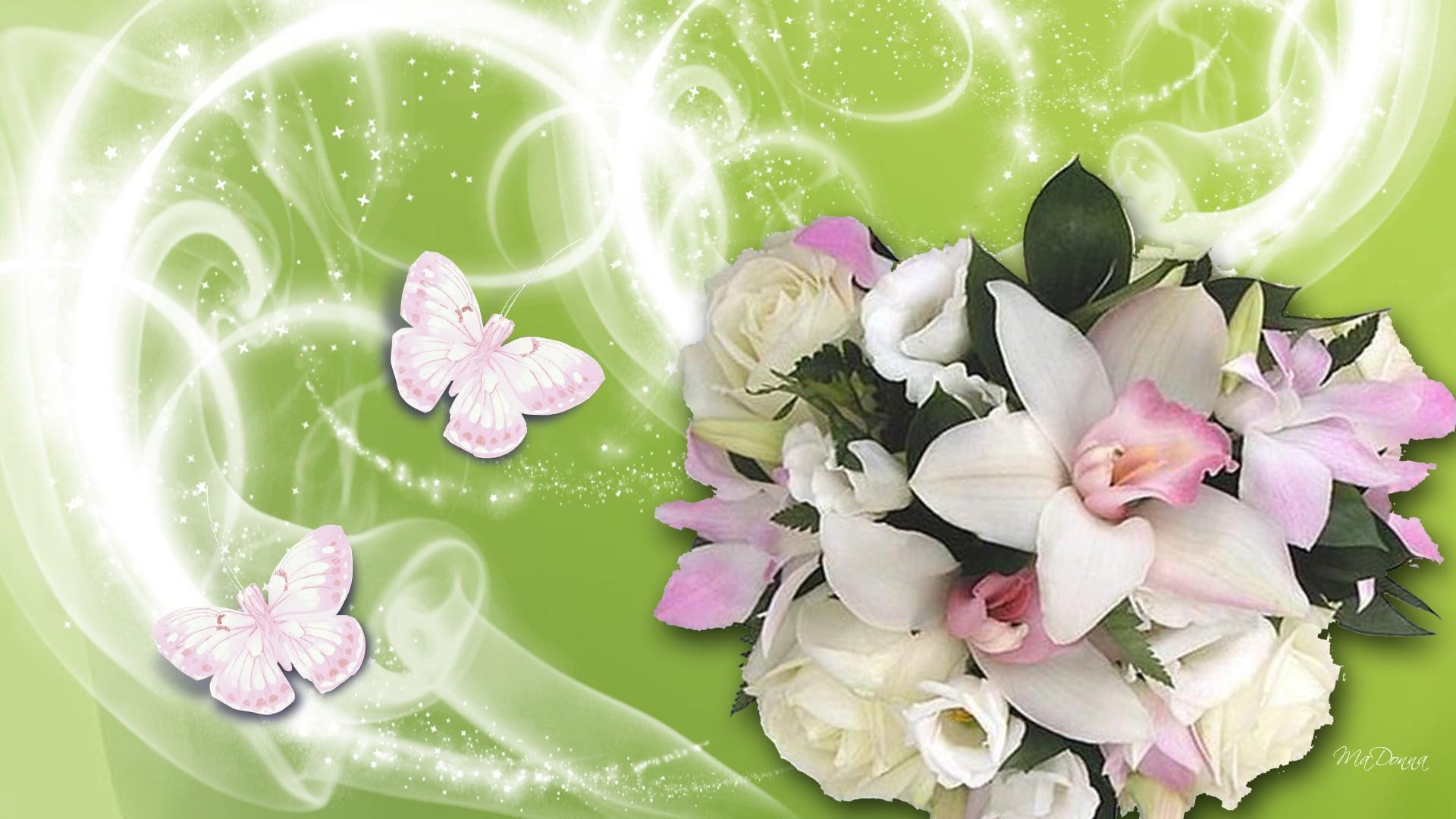 orchids, silk, 1080P, delicate, butterflies, rose, flowers, stars, 3d and abstract, summer, HD Wallpaper