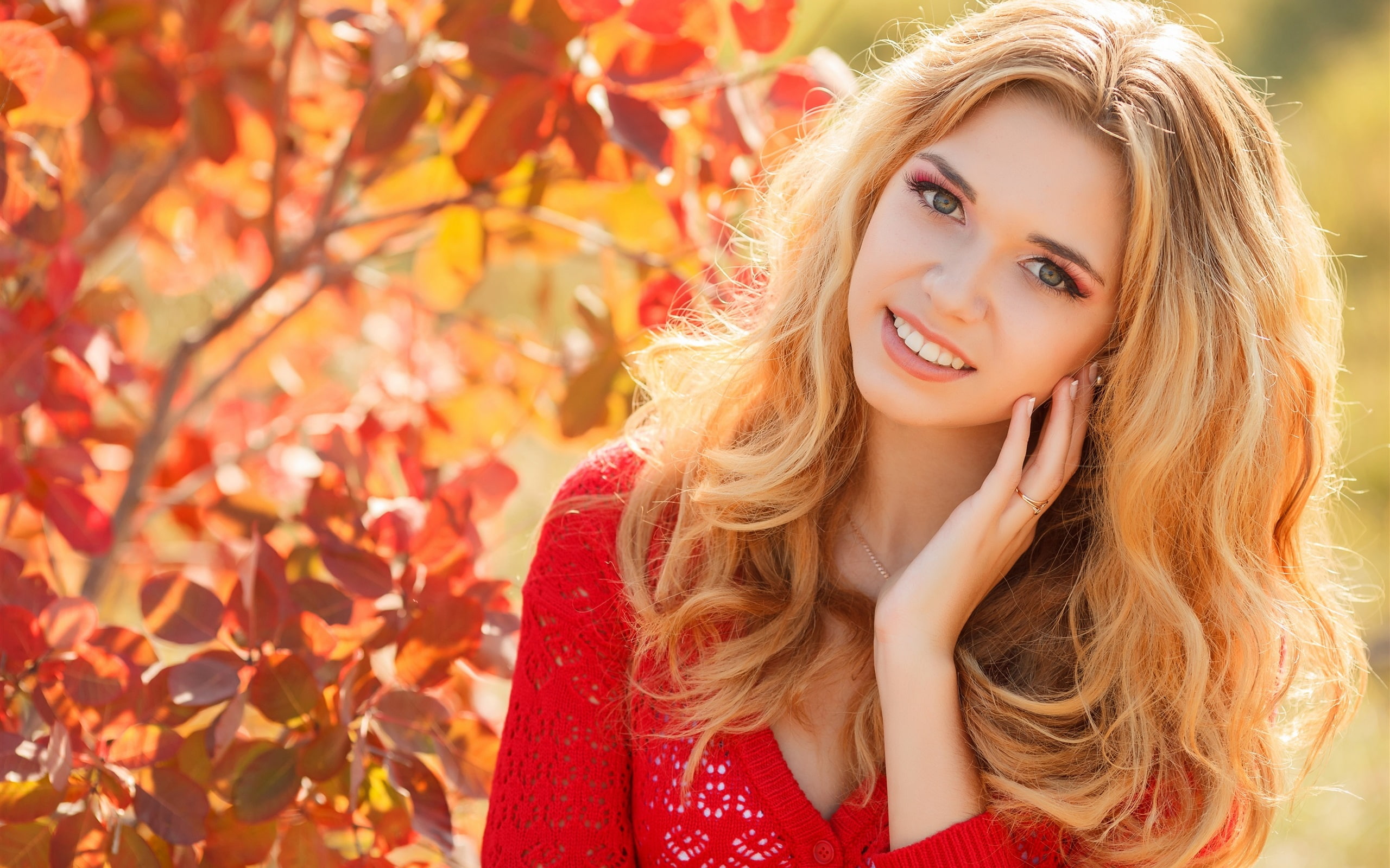 Blonde, Girl, Smile, 2K, Autumn, Red, Dress, Leaves, HD Wallpaper