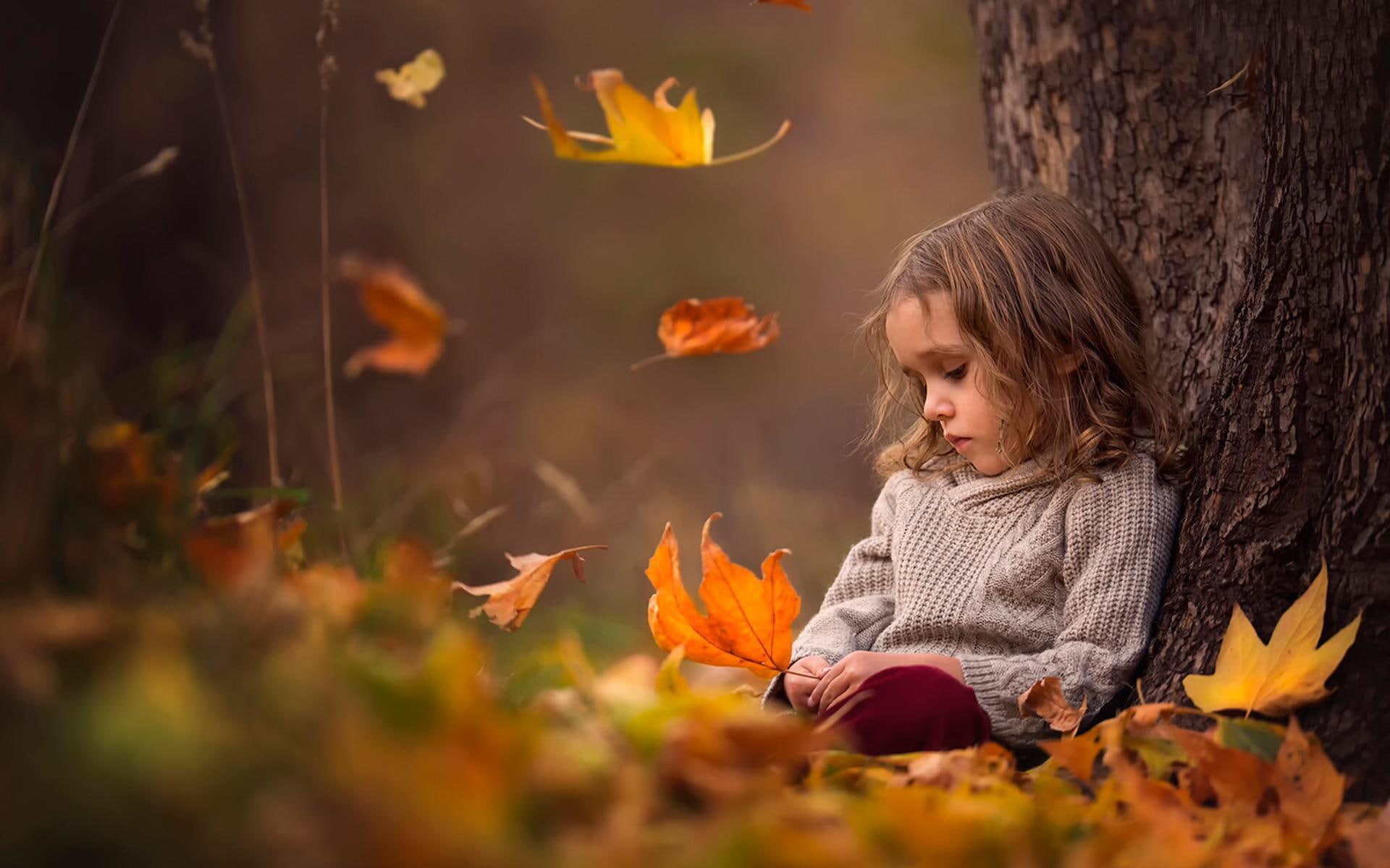 leaves, autumn, sad, girl, 1080P, HD Wallpaper