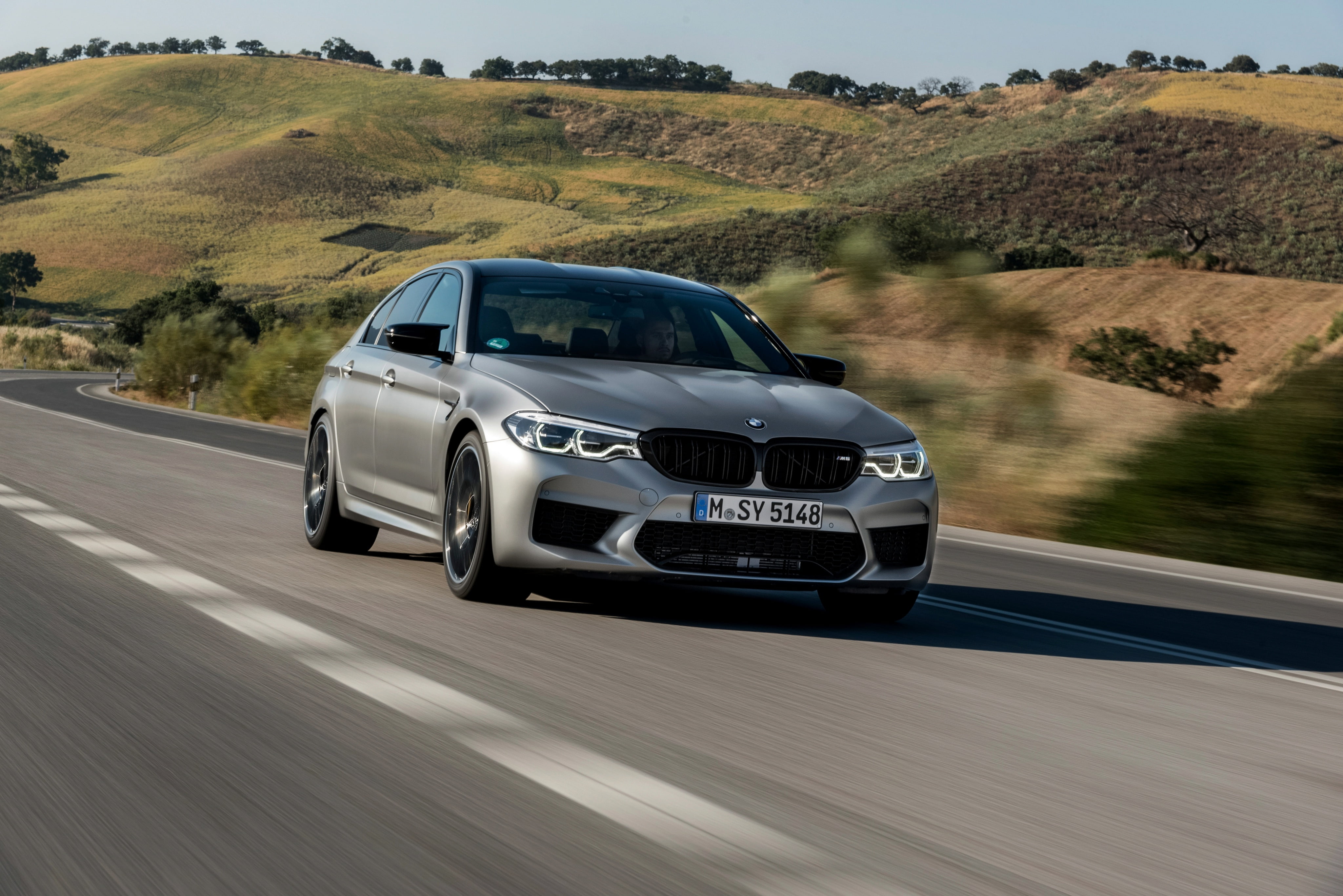 grey, BMW, hills, M5, vegetation, 4K, sedan, 4x4, 2018, V8, four-door, speed, M5 Competition, road, F90, HD Wallpaper