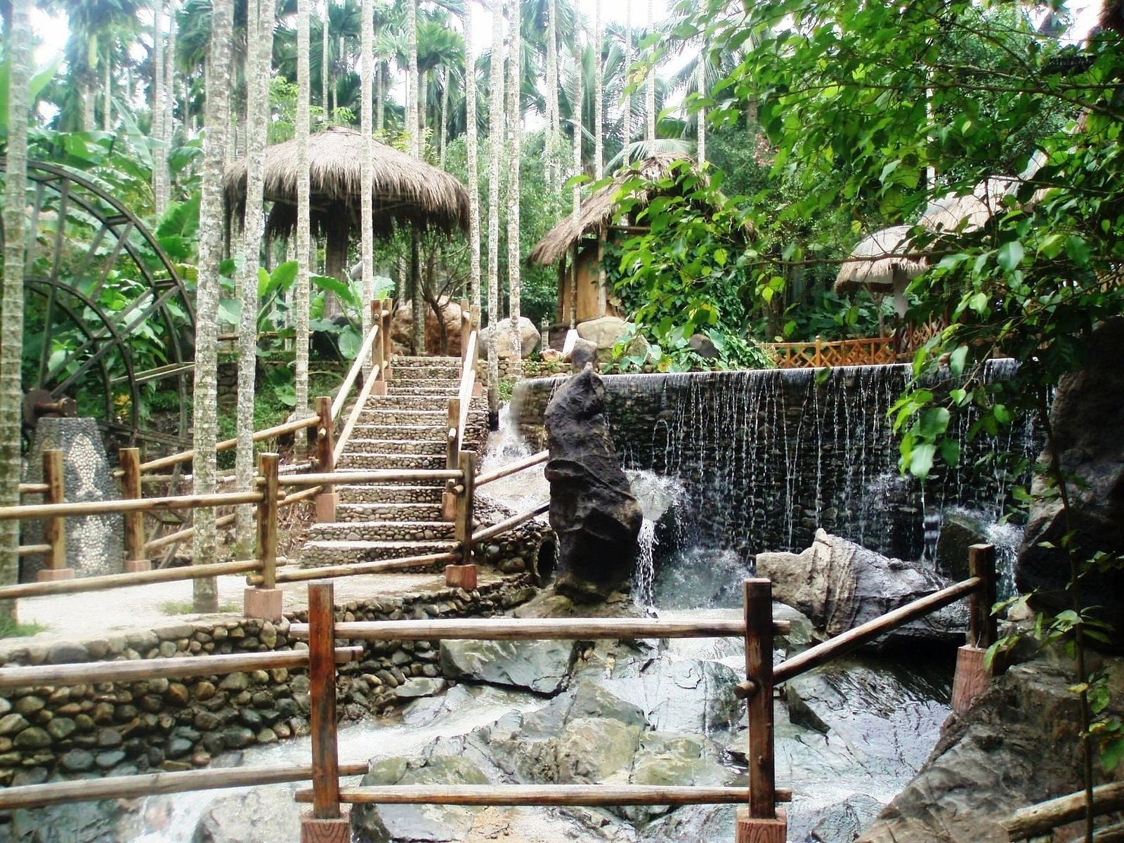scenics, flowing water, growth, waterfall, summer, plant, stream, architecture, outdoors, falls, thailand, railing, solid, stones, protection, streams, HD Wallpaper