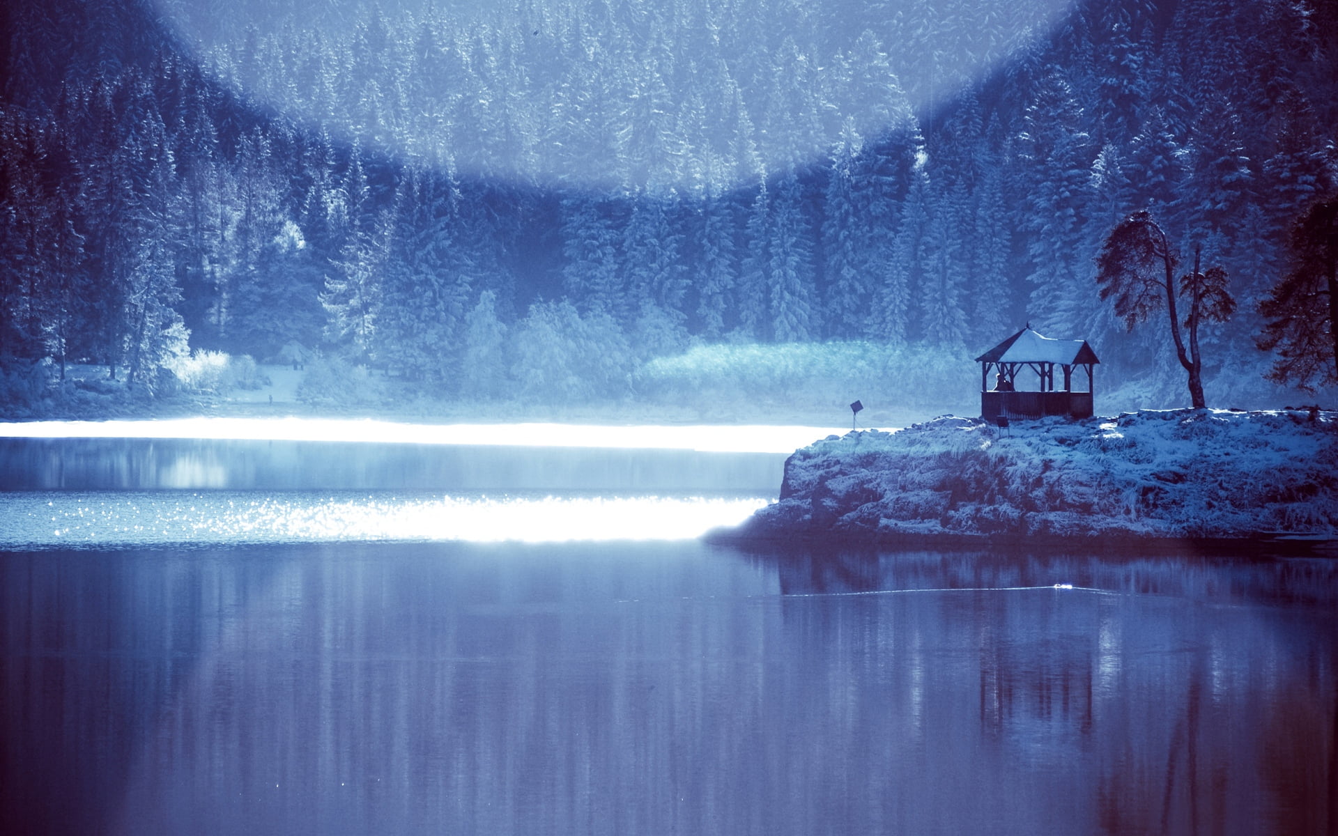 color Image, body, night, old, sky, 1080P, snow, digital, waterfront, architecture, arbor, rural Scene, pond, winter, scenics, cold temperature, light, HD Wallpaper