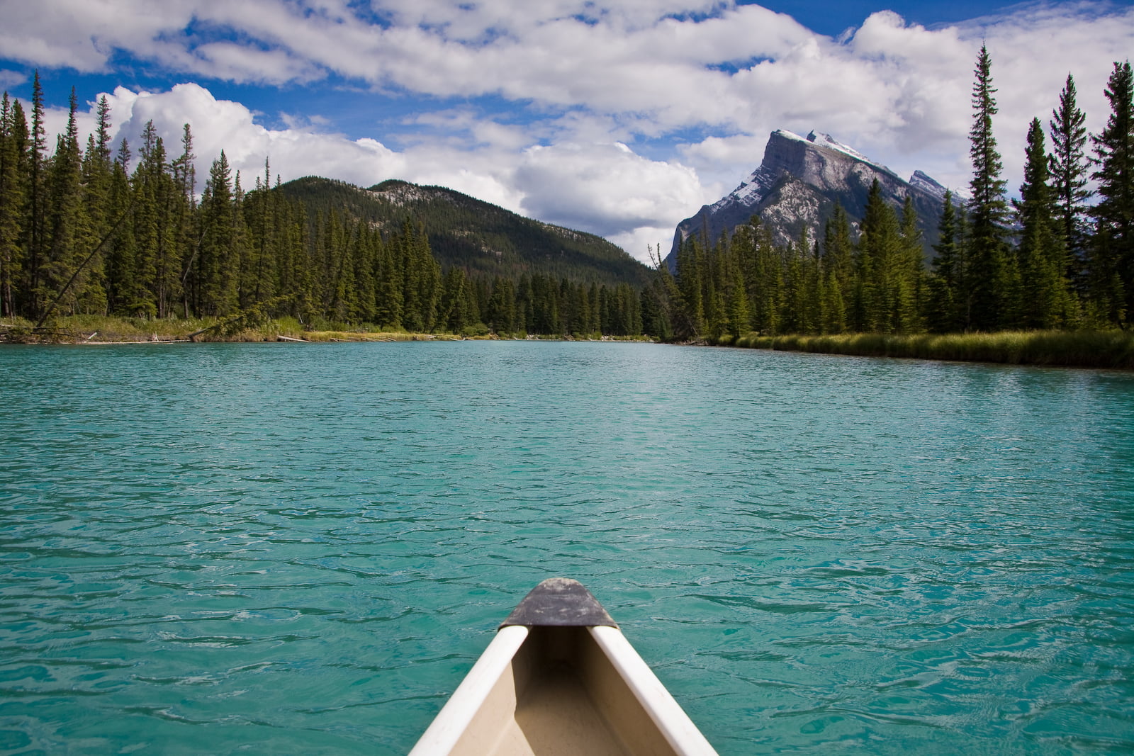 v-hull, outdoors, arbor, green  river, boat, glacial, sky, Bow River, banff National Park, lake, canoe  mountain, nature, river, scenics, canada, daytime, HD Wallpaper