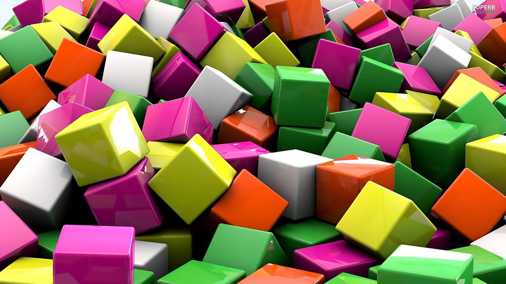 purple, 3d, 1080P, art, design, three dimensional, variation, digital art, creativity, shape, colors, large group of objects, indoors, vibrant color, cube shape, HD Wallpaper