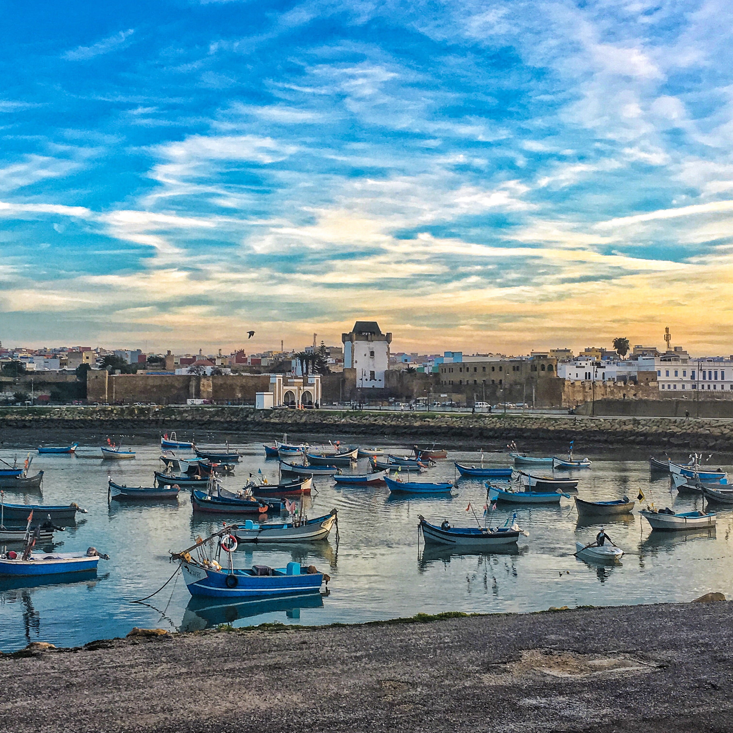 colors, harbor, sunset, port, travel destinations, asilah, phone, mode of transportation, kamra, 2K, cloud - sky, architecture, morocco, colorfull, built structure, Phone HD Wallpaper