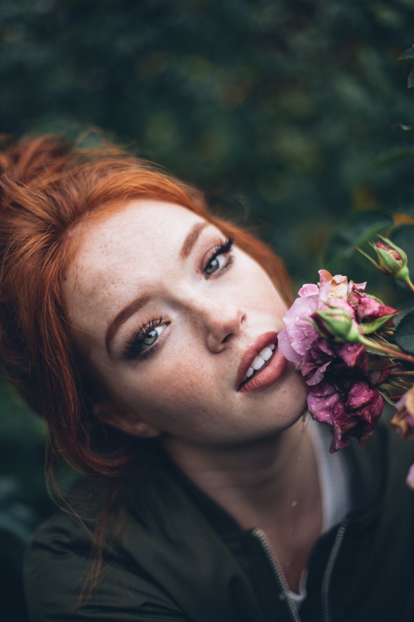 flowers, freckles, model, women outdoors, nature, face, depth of field, women, portrait, looking at viewer, 1080P, redhead, portrait display, long hair, Phone HD Wallpaper