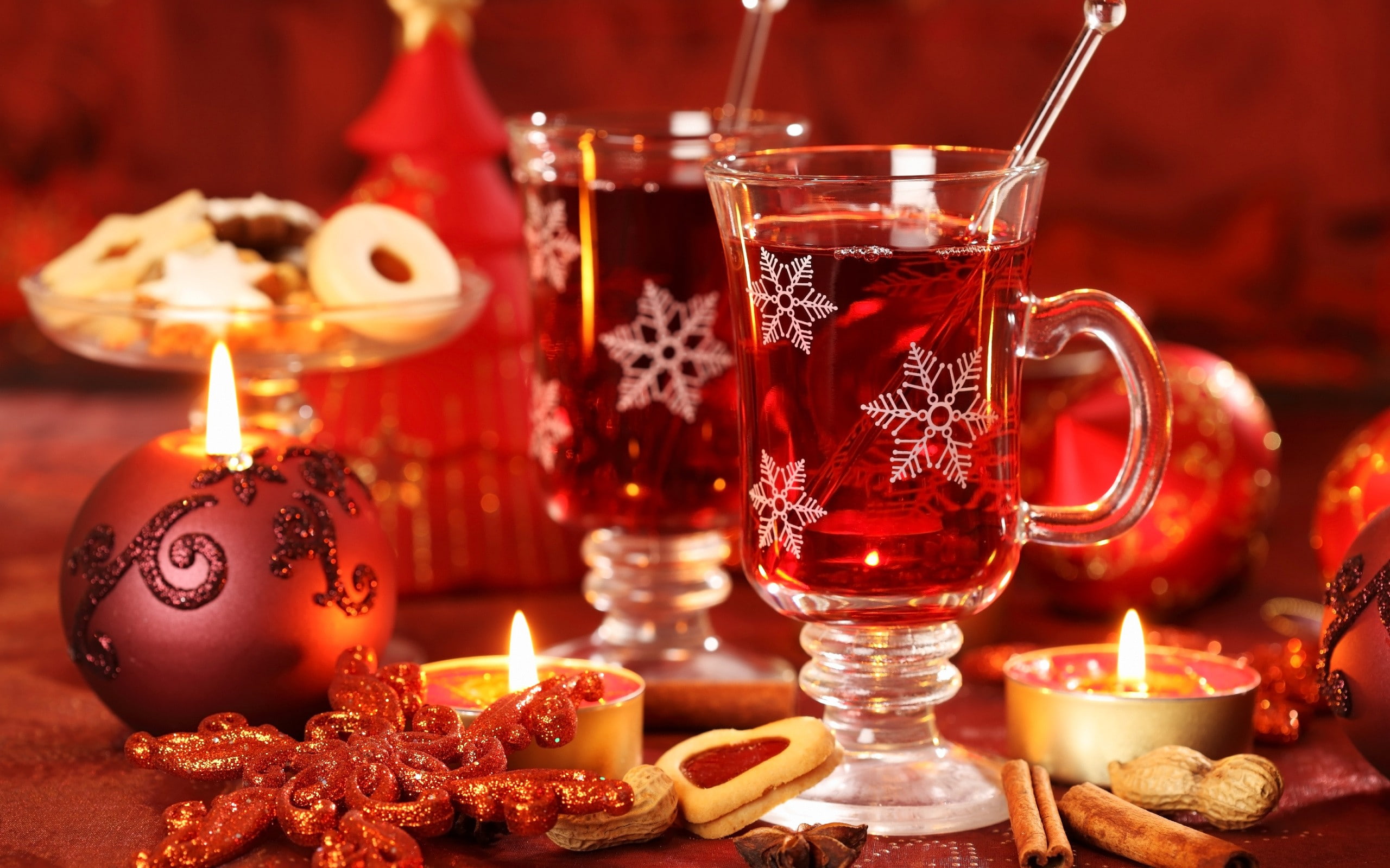 candles, Christmas, snowflakes, 2K, cookies, Christmas ornaments, New Year, glass, drink, HD Wallpaper