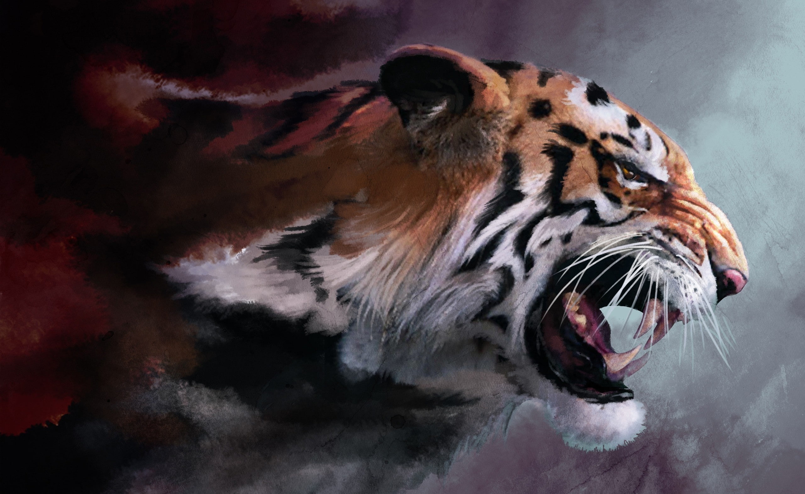 big cat, mammal, cat, Painting, animal wildlife, animal themes, white tiger, animal teeth, negative emotion, animal mouth, anger, mouth, Tiger, animal, HD Wallpaper