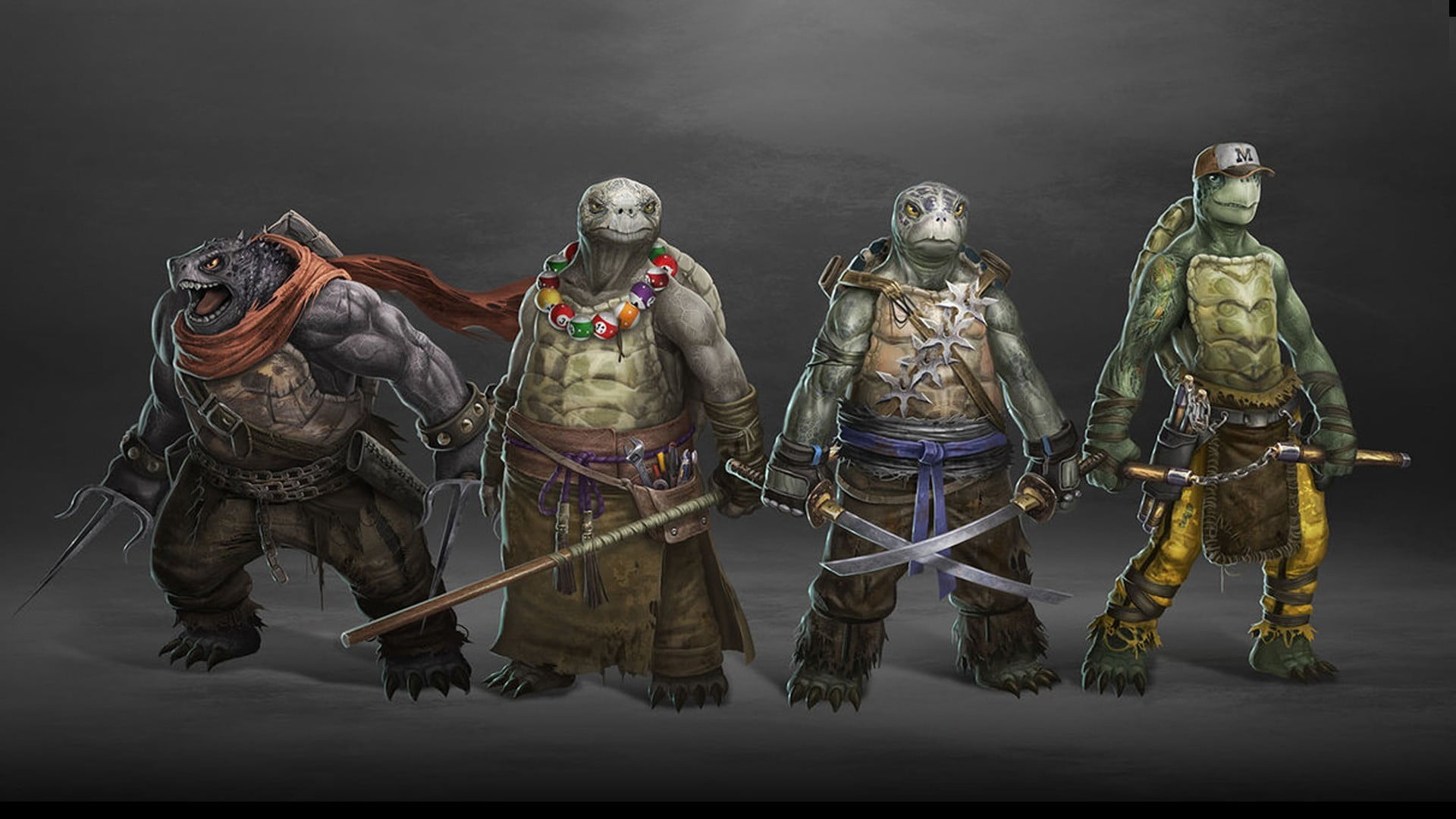Teenage Mutant Ninja Turtles, illustration, side by side, cartoon, holding, full length, weapon, headwear, activity, tmnt, men, wood - material, comics, HD Wallpaper