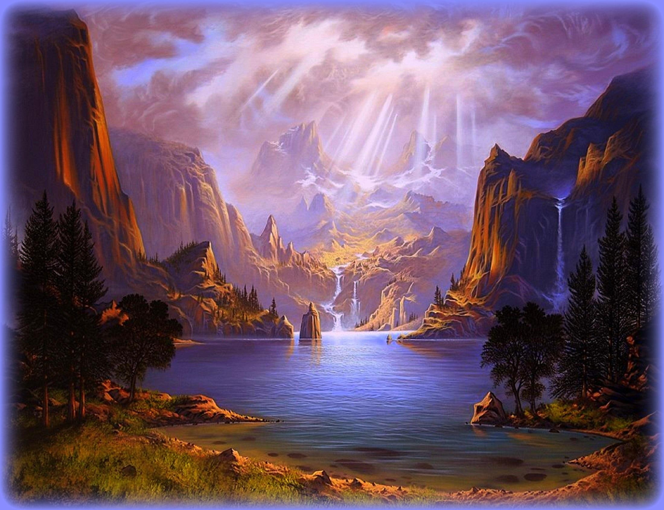 rocks, grass, drawings, mountains, beautiful, 1080P, waterfall, acrylic-on-canvas, landscapes, creative-pre--made, majestic, HD Wallpaper