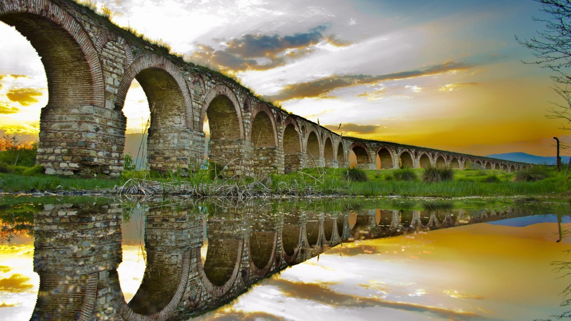 arch, bridge, ancient, clouds, grey, 1080P, concrete, reflection, nature and landscapes, pond, majestic, aqueduct, HD Wallpaper