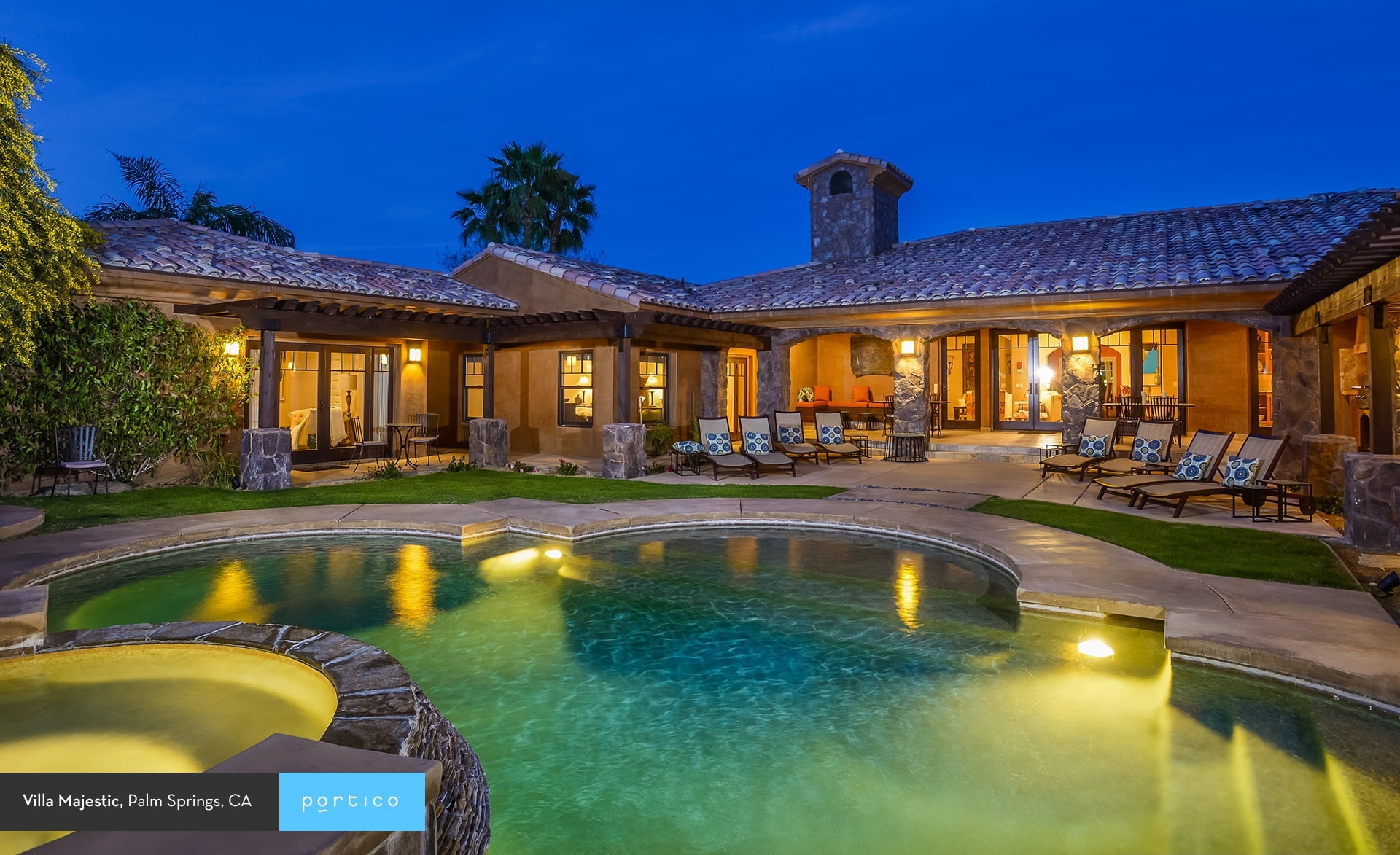 blue, 1080P, building, illuminated, tree, United States, nature, night, water, swimming, Vacation, architecture, swimming pool, dusk, house, building exterior, HD Wallpaper