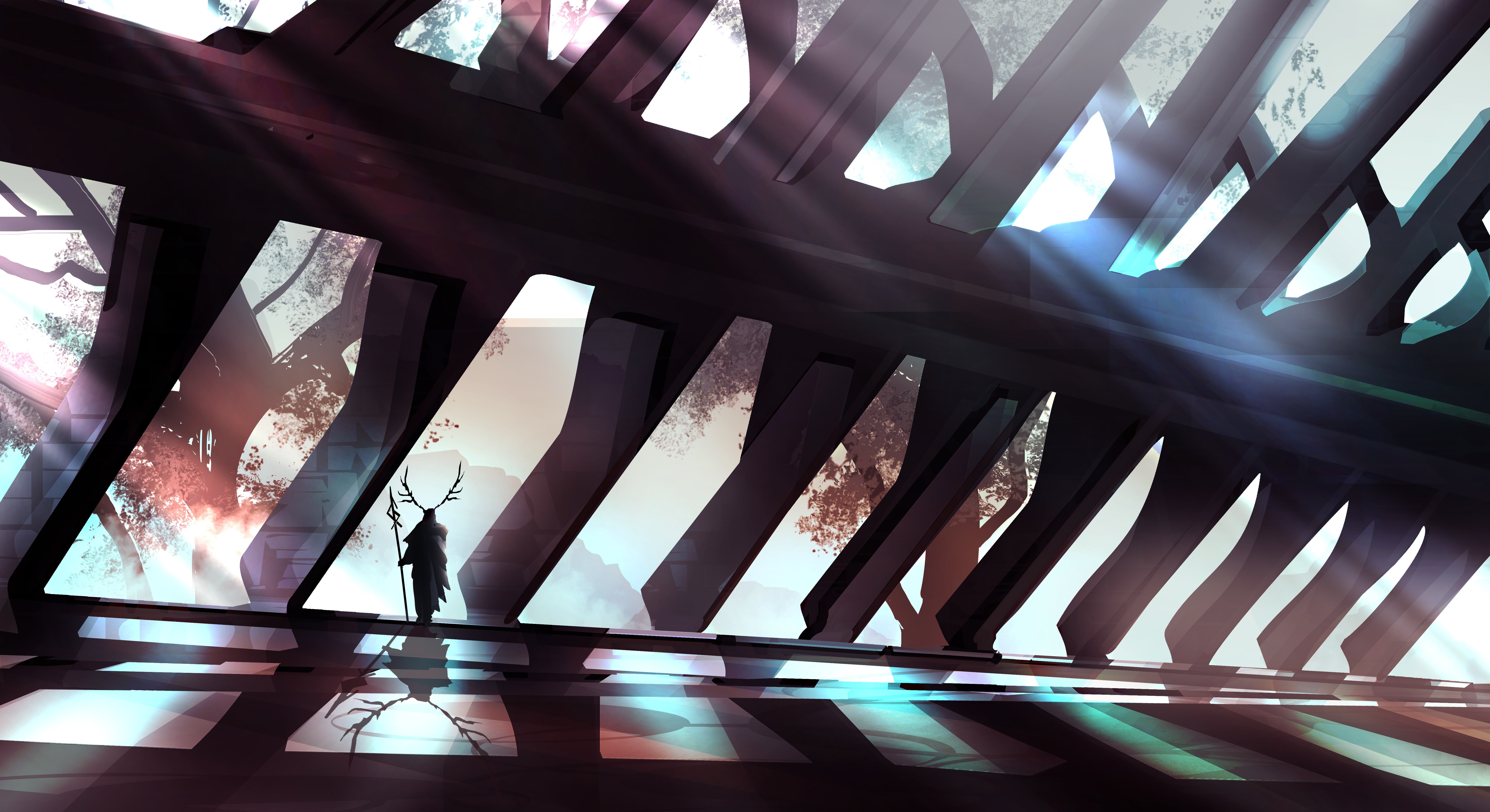 built structure, pattern, fantasy art, architecture, reflection, sunlight, antlers, low angle view, ceiling, wall - building feature, architectural column, HD Wallpaper
