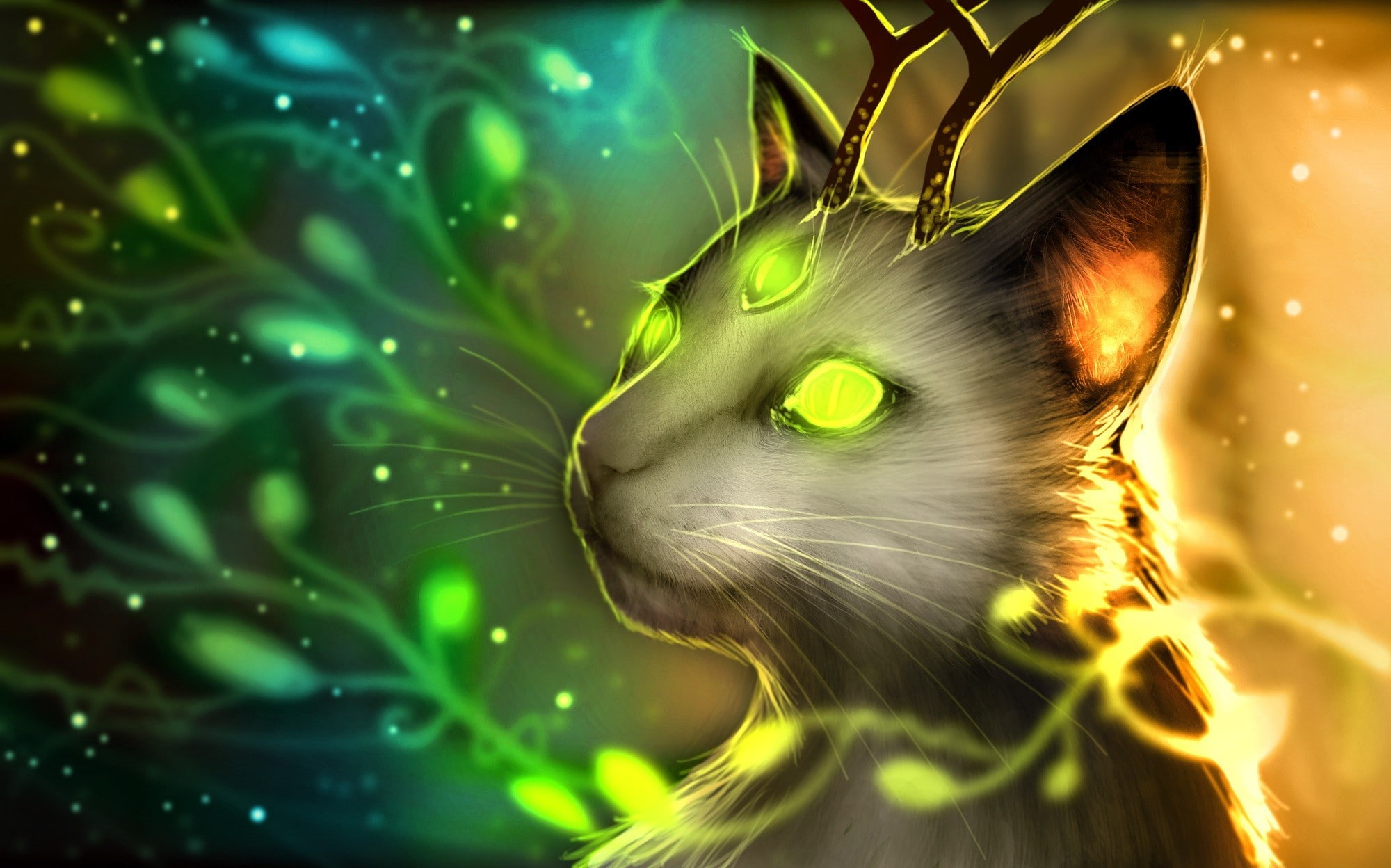 Green Eyes, cat, Glowing, Romantically Apocalyptic, fantasy Art, 1080P, Antlers, HD Wallpaper