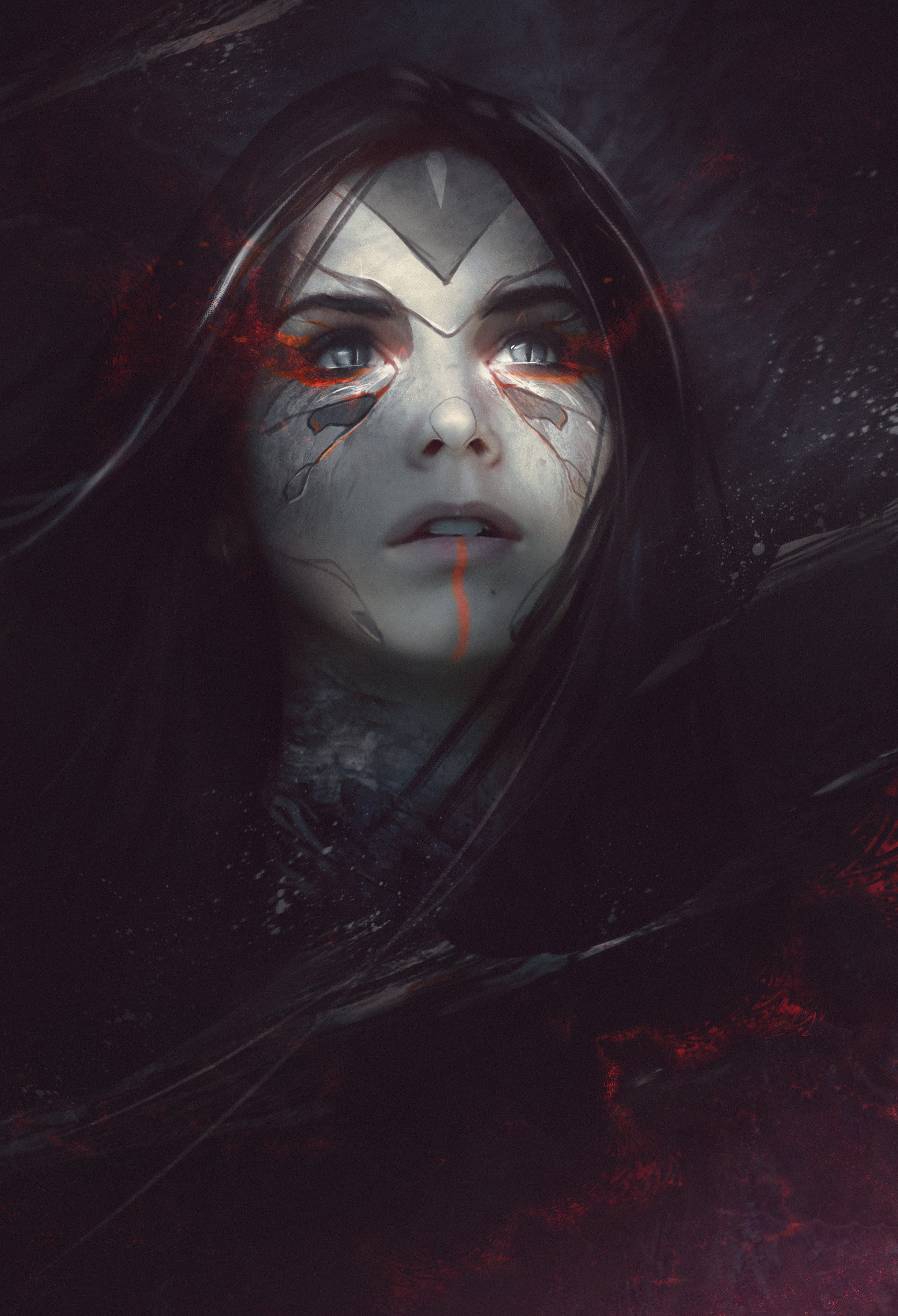 portrait, mystery, looking at camera, artwork, portrait display, young adult, fantasy, face, long hair, witch, fantasy girl, fear, demon - fictional character, Phone HD Wallpaper