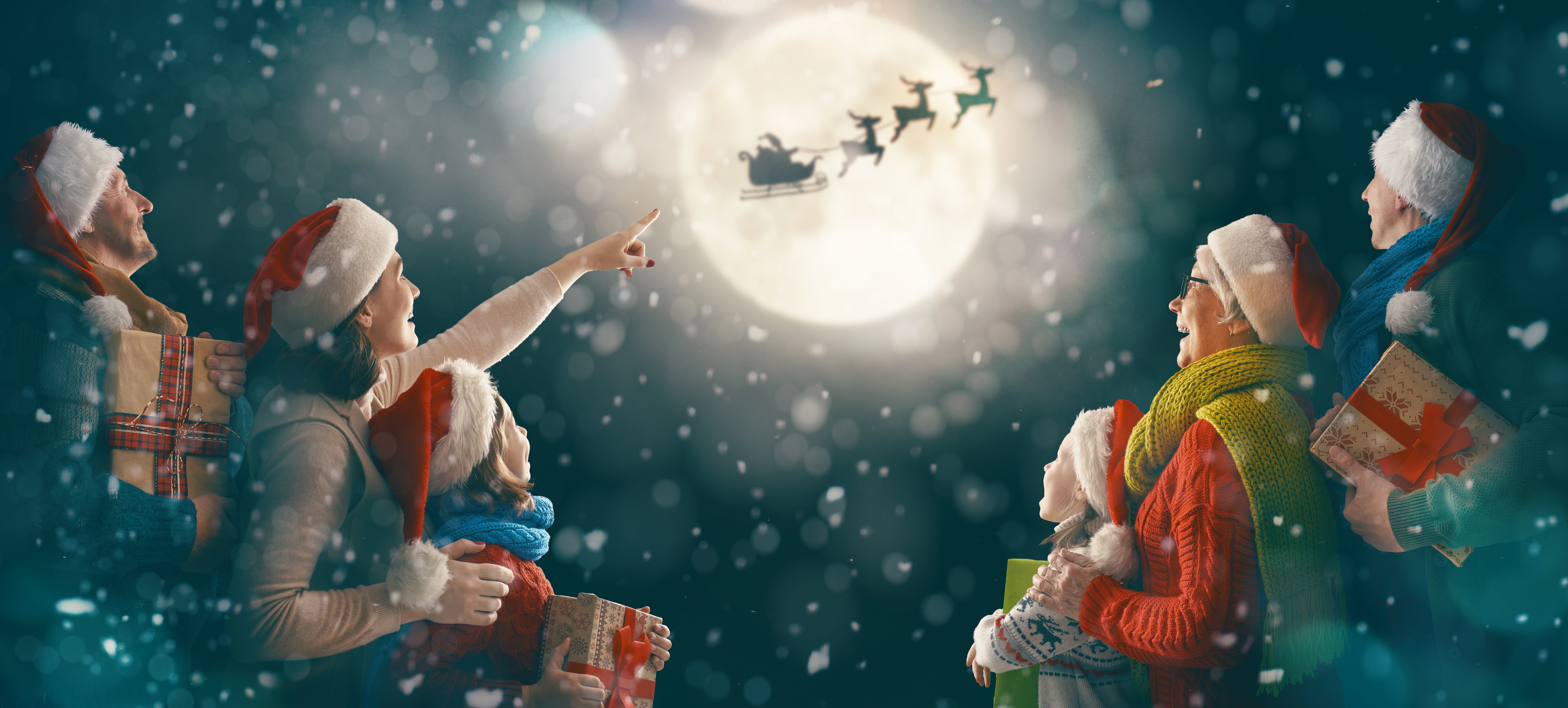 Deer, Gifts, Family, Girls, Mom, Men, The moon, Sleigh, Caps, Flight, The sky, Children, photo, 5K, New year, HD Wallpaper