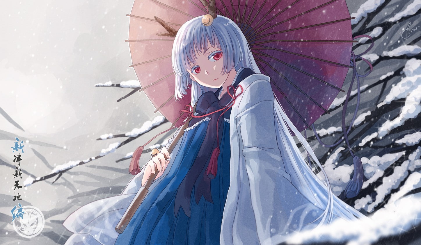 snow, umbrella, long hair, red eyes, antlers, Pixiv Fantasia, 720P, original characters, HD Wallpaper