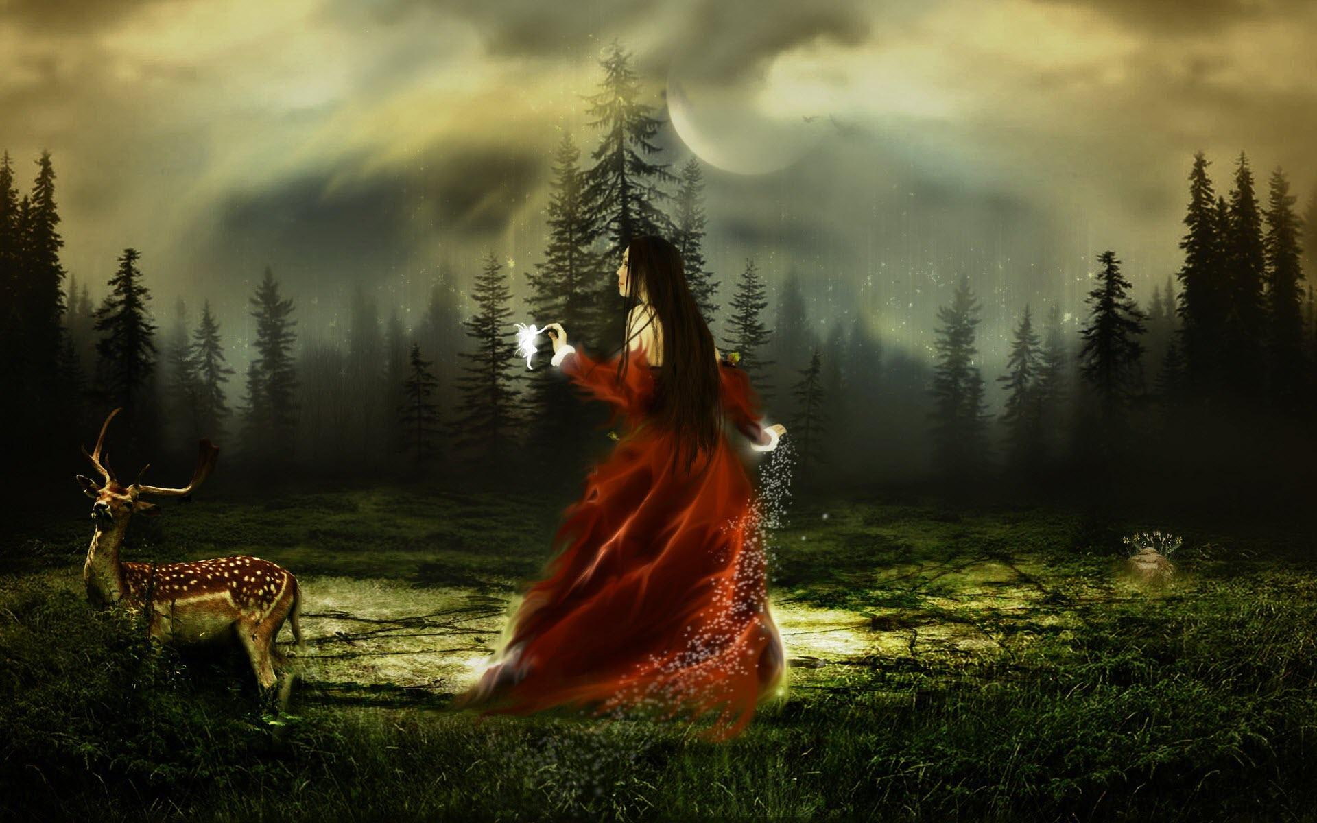 near, red, fantasy girls, woman, girl, deer, 1080P, dress, fantasy, painting, animated, HD Wallpaper