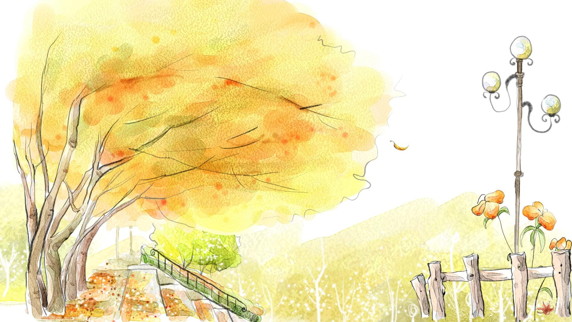 1080P, artistic, wind, trees, stairs, leaves, fall, lamp, field, blow, 3d and abstrac, tree, orange, autumn, fence, illustration, firefox persona, leaf, HD Wallpaper