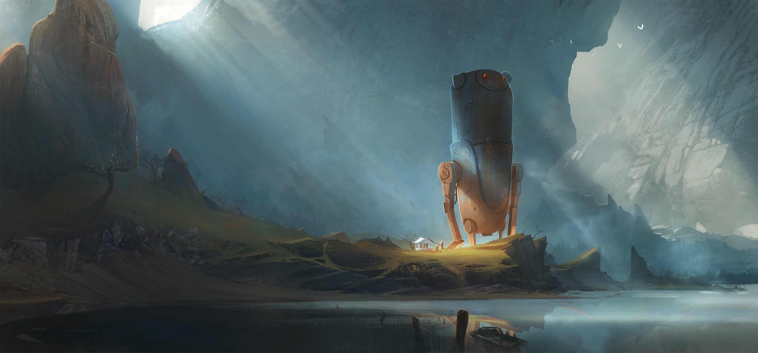 mountains, robot, 2K, lake, Exphrasis, fantasy art, landscape, drawing, digital art, sun rays, HD Wallpaper