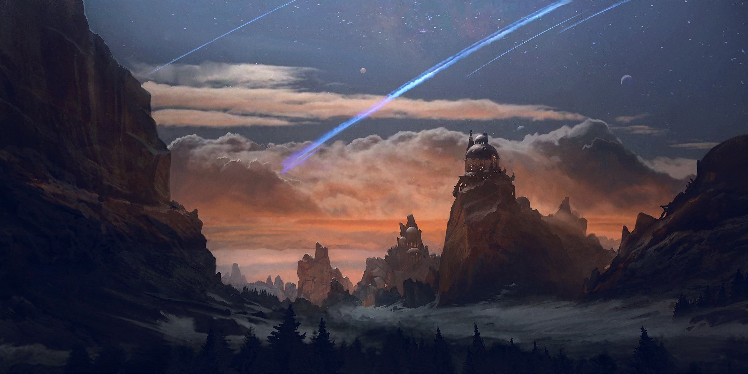 beauty in nature, travel destinations, environment, night, star - space, outdoors, astronomy, mountain, 1080P, digital art drawing landscape mountain sky clouds shooting stars trees snow exphrasis, HD Wallpaper
