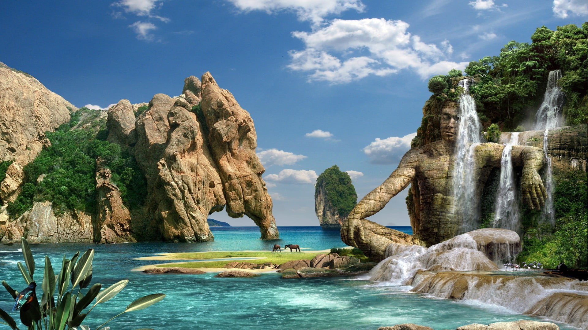 1080P, turquoise colored, rock formation, day, house, near, solid, cloud - sky, beauty in nature, rock - object, land, rock, tranquility, plant, painting, HD Wallpaper