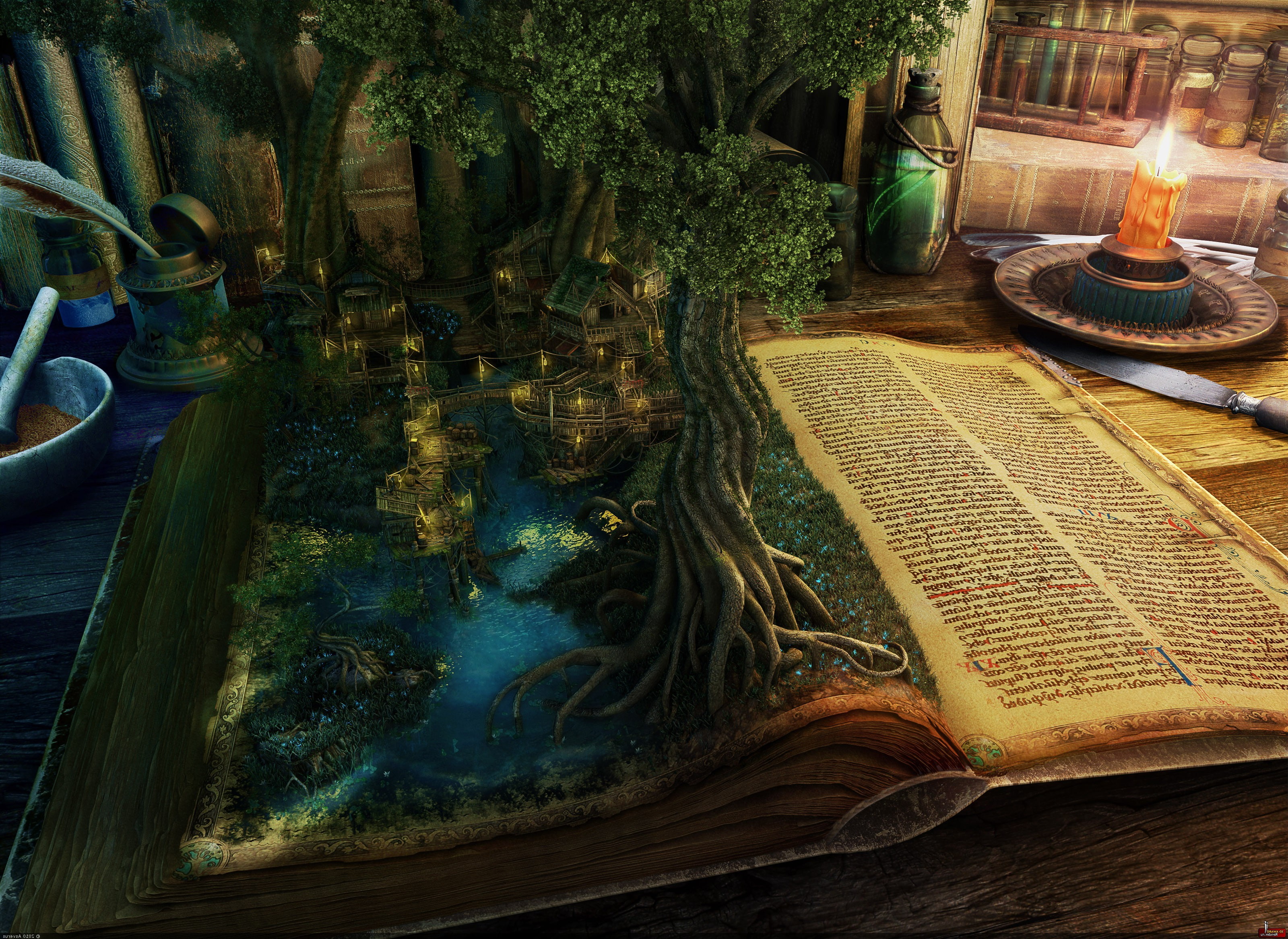 creativity, nature, high angle view, publication, tree, reflection, outdoors, architecture, book, no people, illuminated, spec art books trees digital art, HD Wallpaper