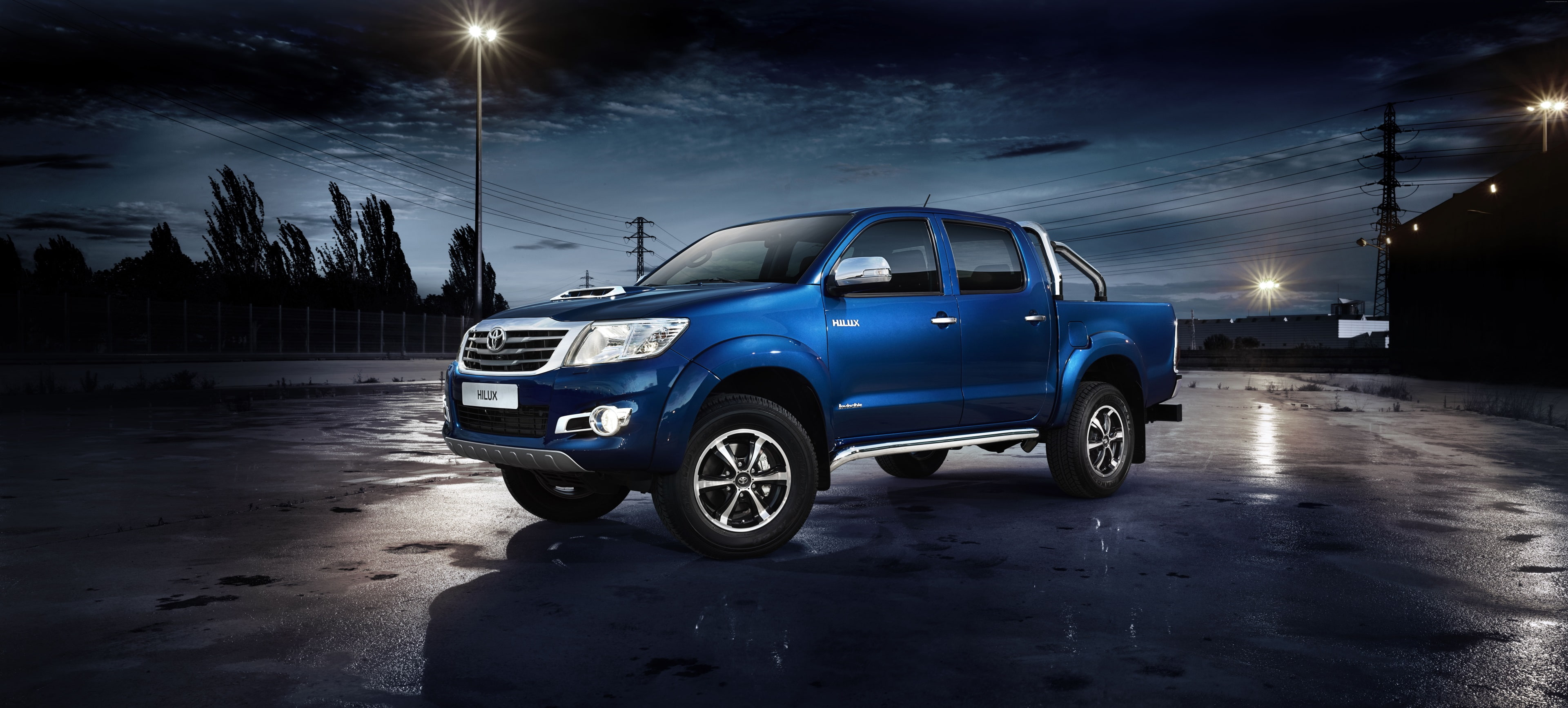 blue, mode of transportation, land vehicle, sports utility vehicle, night, dark, driving, 4K, dusk, sky, architecture, nature, transportation, toyota hilux invincible 4k image for desktop, HD Wallpaper