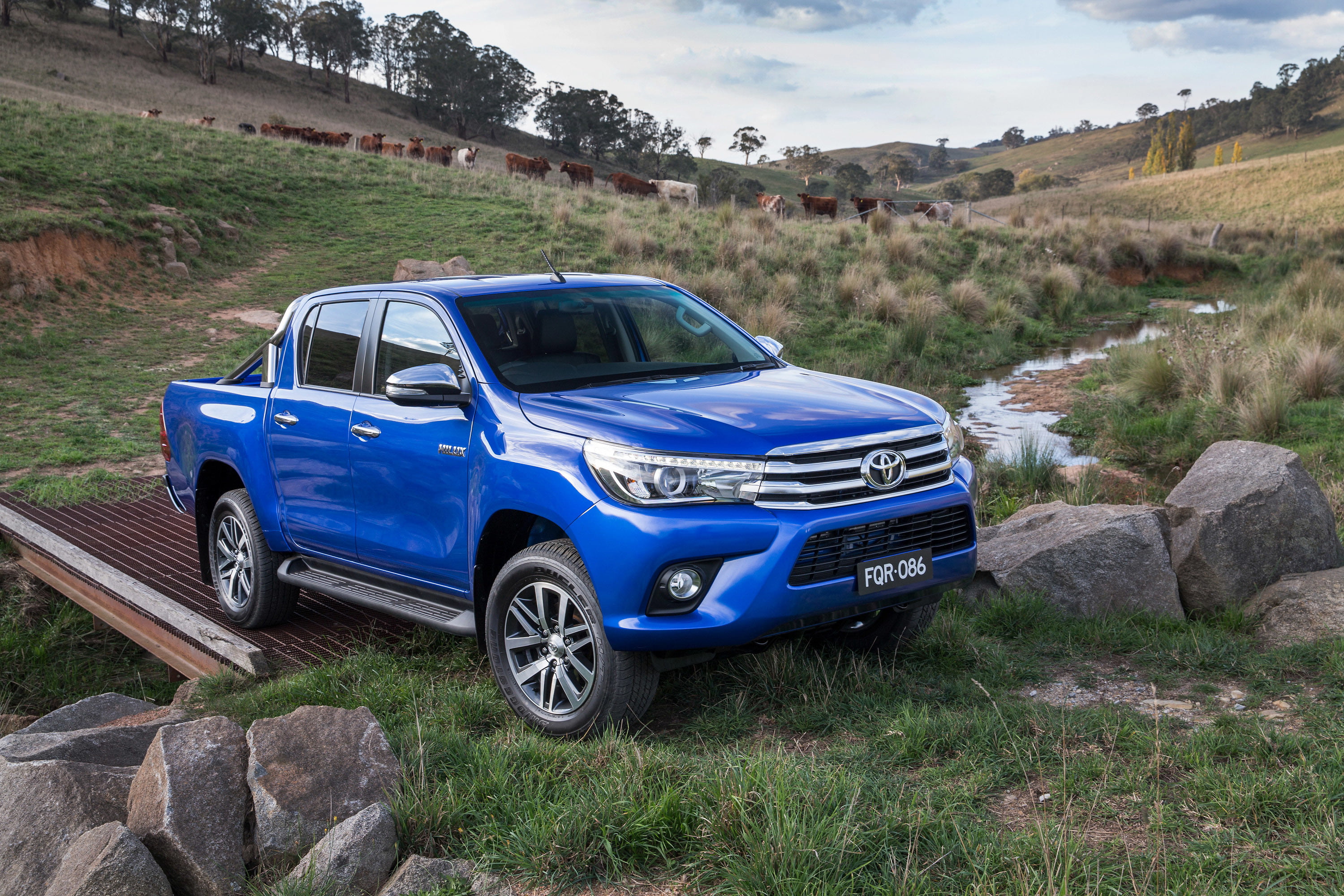 day, mode of transportation, nature, truck, land, SR5, no people, Hilux, AU-spec, pickup, tree, sky, transportation, car, grass, field, crew, stationary, HD Wallpaper