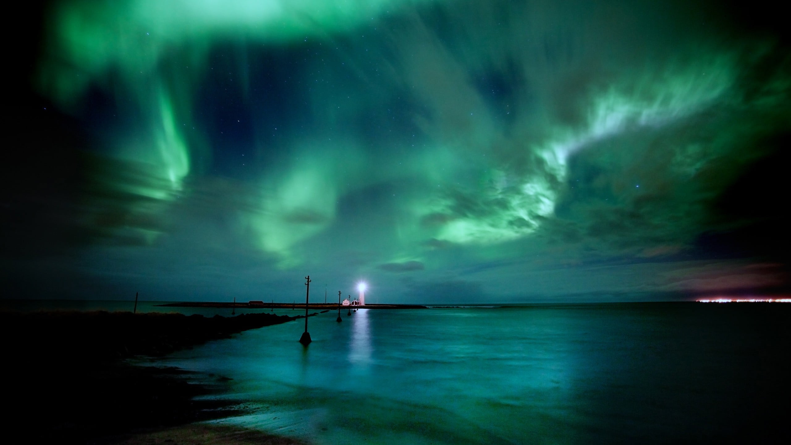 lights, borealis, dramatic sky, beauty in nature, aurora, power in nature, night, travel destinations, horizon, 2K, lighthouse, storm, astronomy, scenics - nature, HD Wallpaper